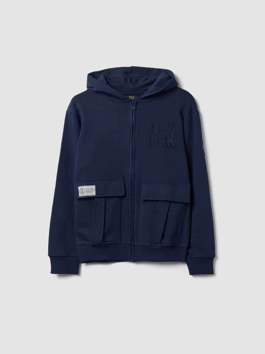 Felpa blu in puro cotone con cappuccio e girocollo_0