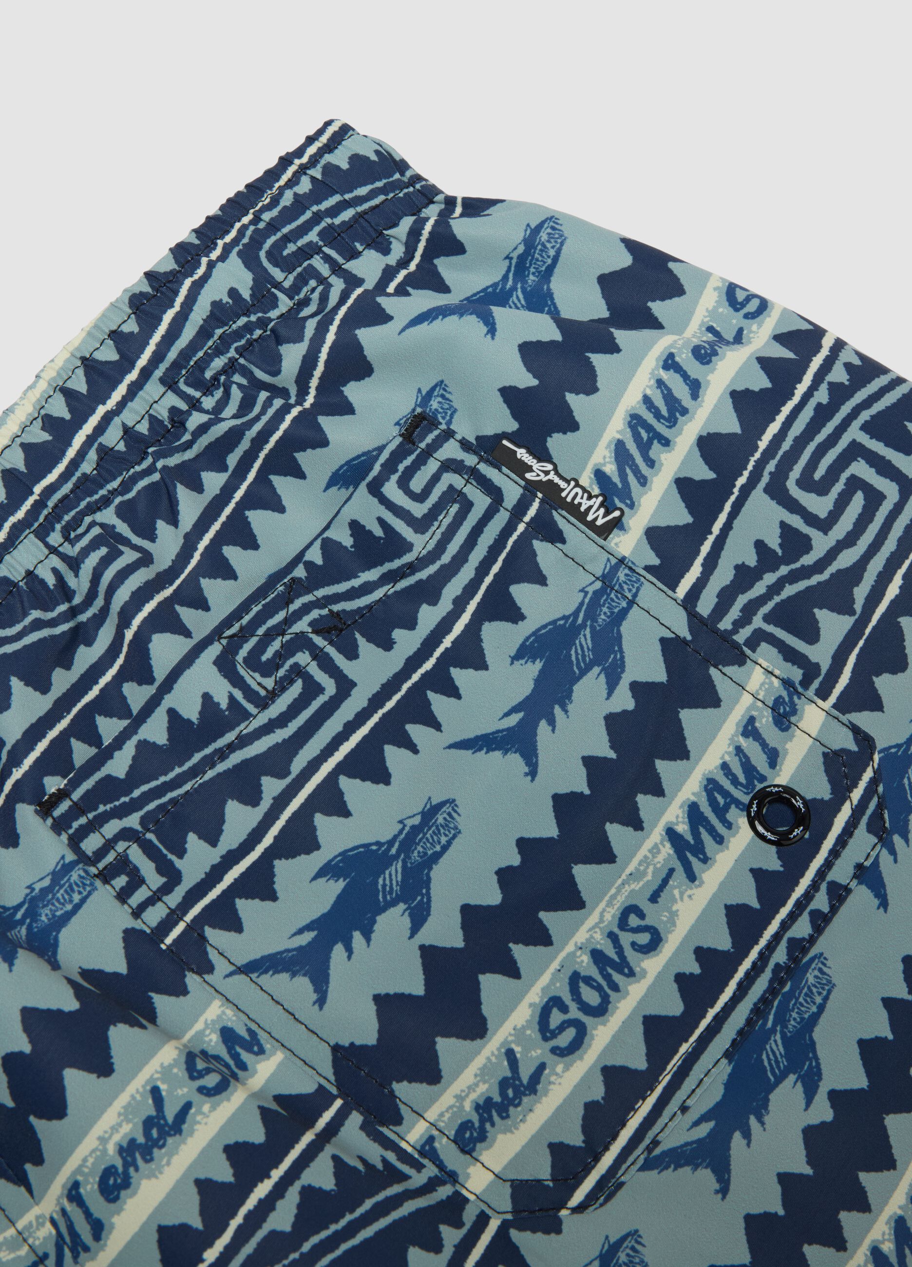 Multicolour swim shorts with sharks and geometric patterns