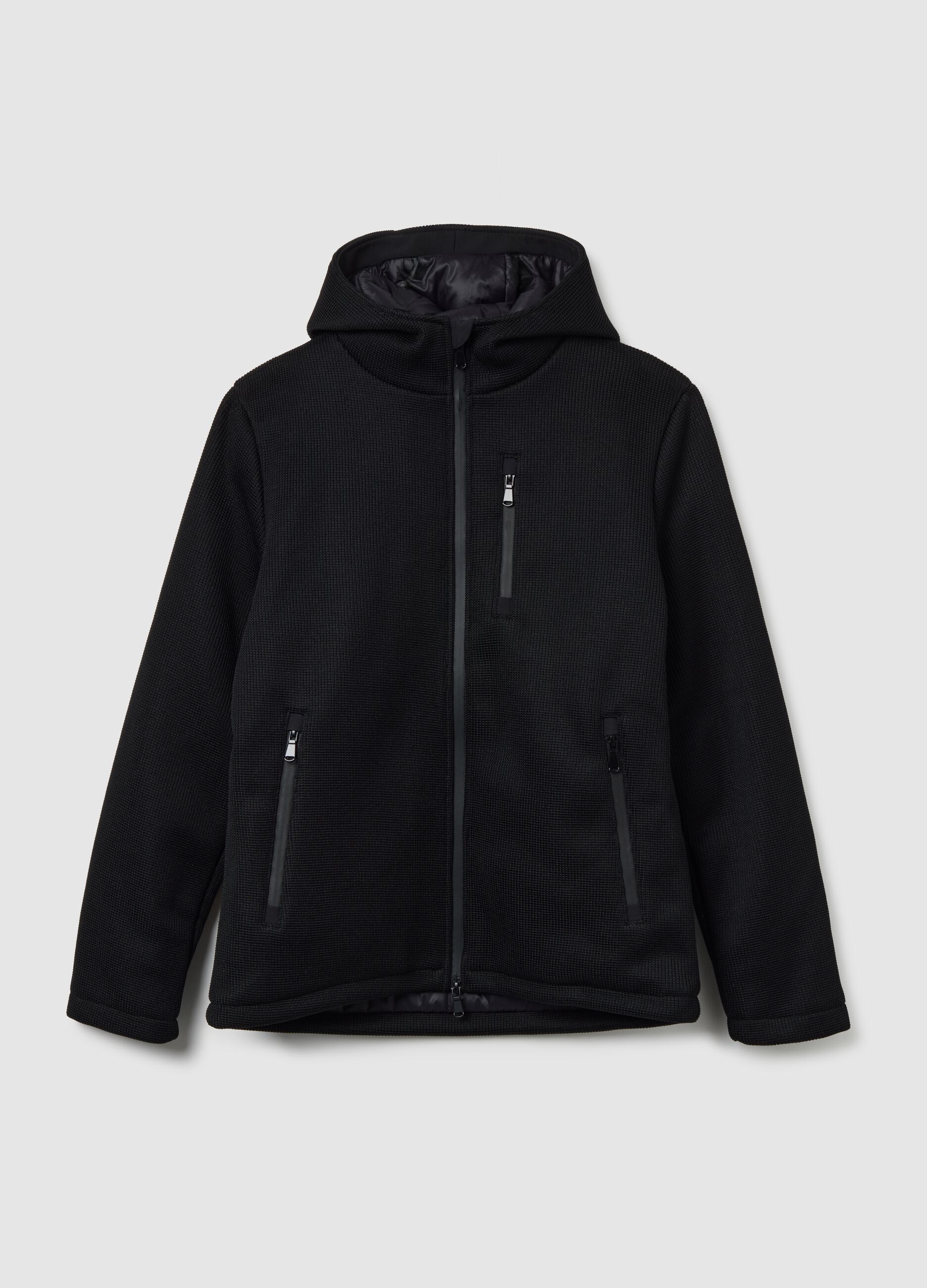 Black padded jacket with hood, regular fit with zip