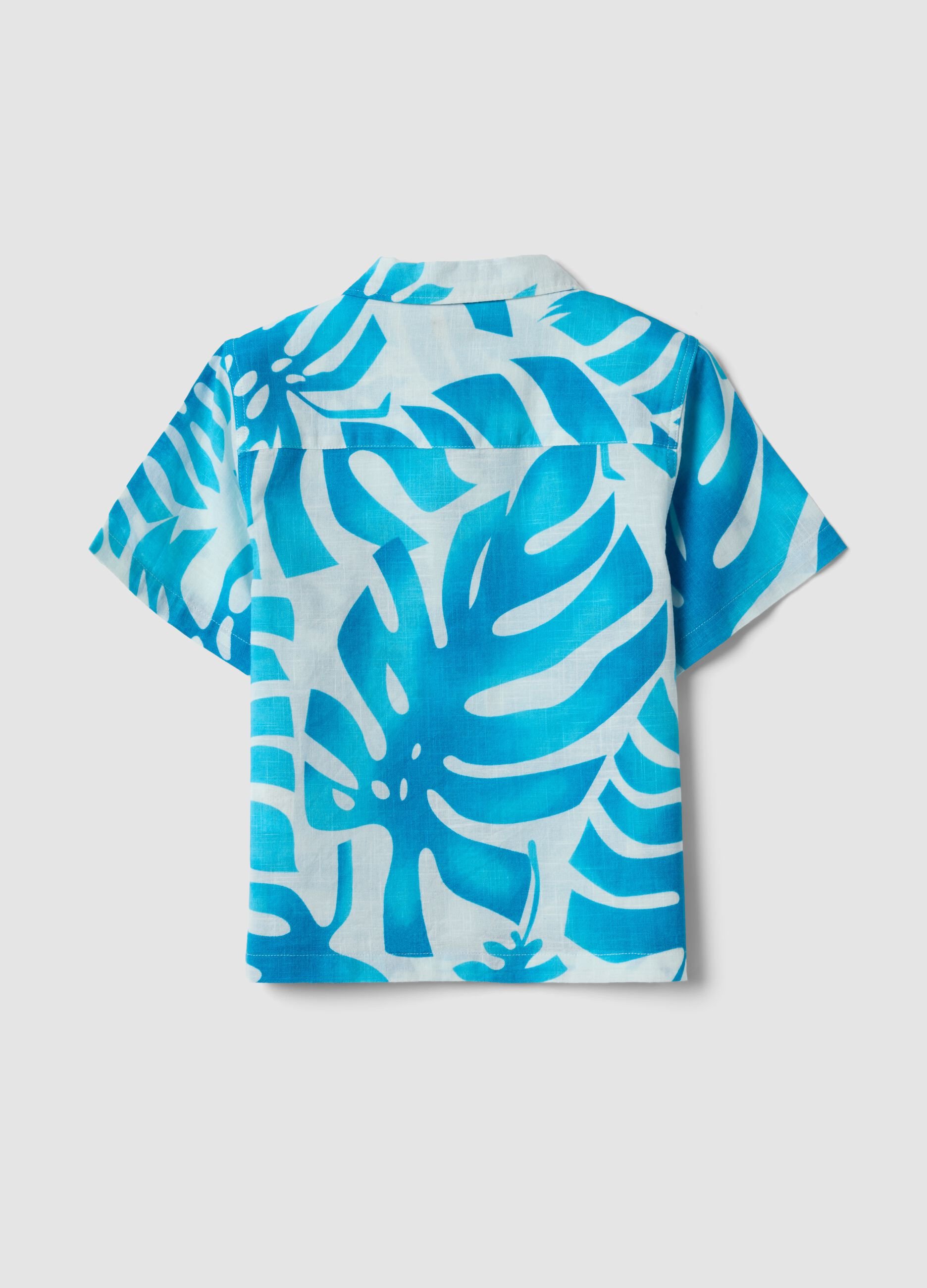 Blue and white pure cotton shirt with tropical print