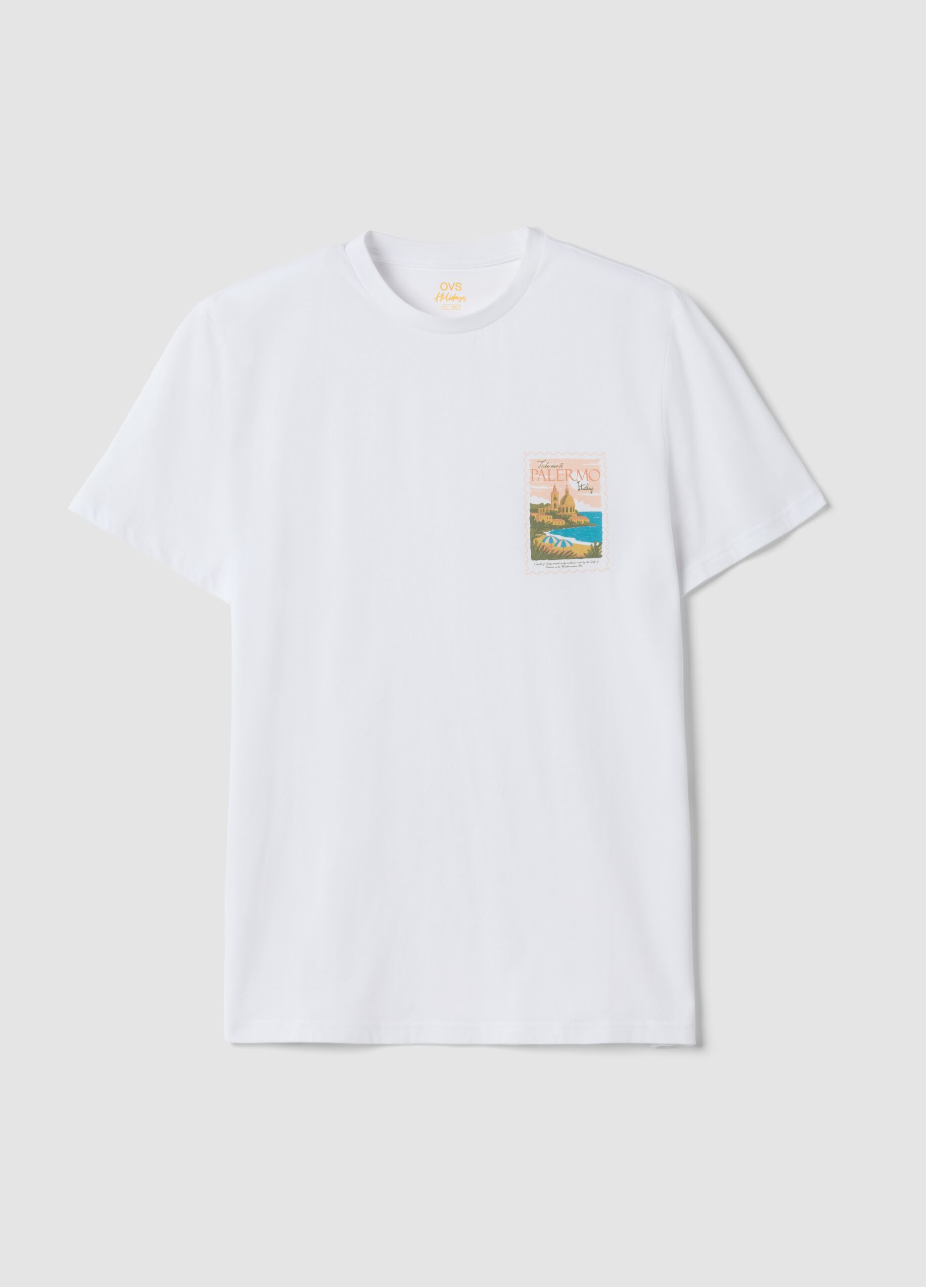 White pure cotton T-shirt with chest print, regular fit
