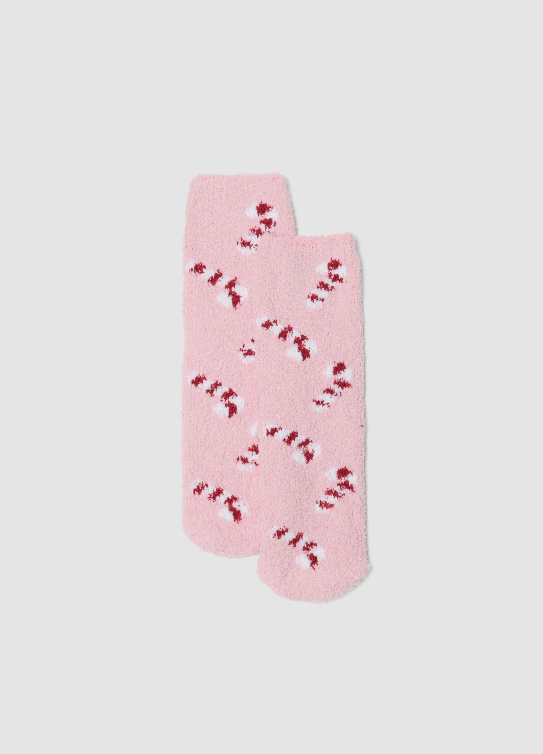 Light pink stretch-fabric socks with festive Christmas pattern