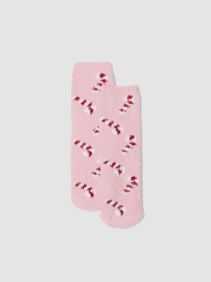 Light pink stretch-fabric socks with festive Christmas pattern_0