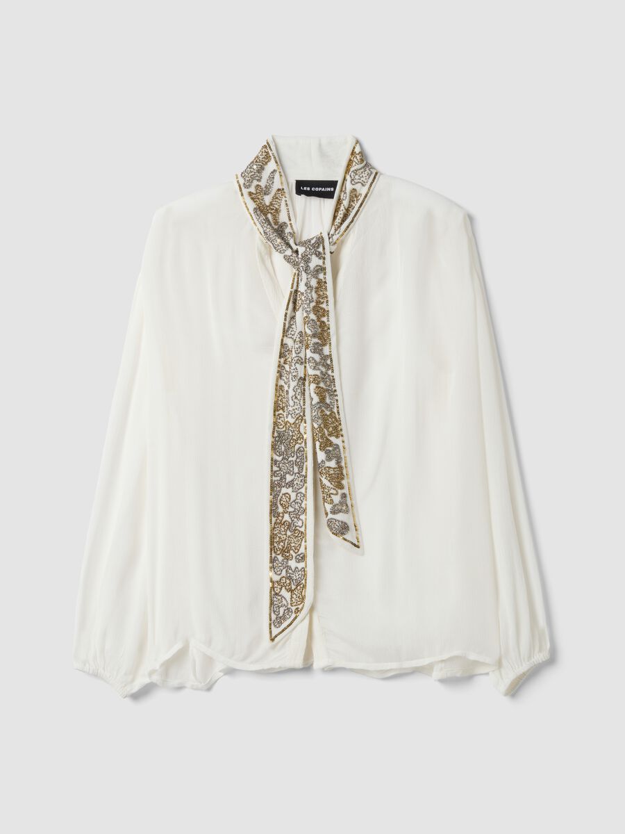 Camicia bianca in pura viscosa con collo ricamato_0