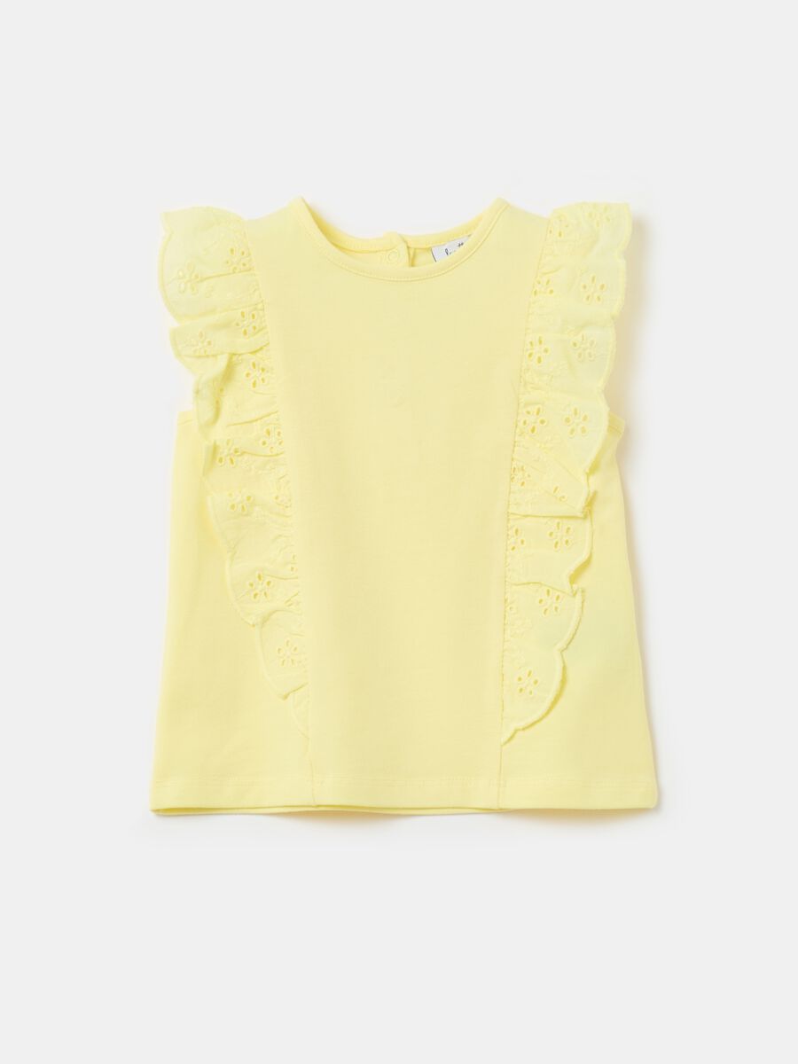 Sleeveless T-shirt with broderie anglaise frills_0