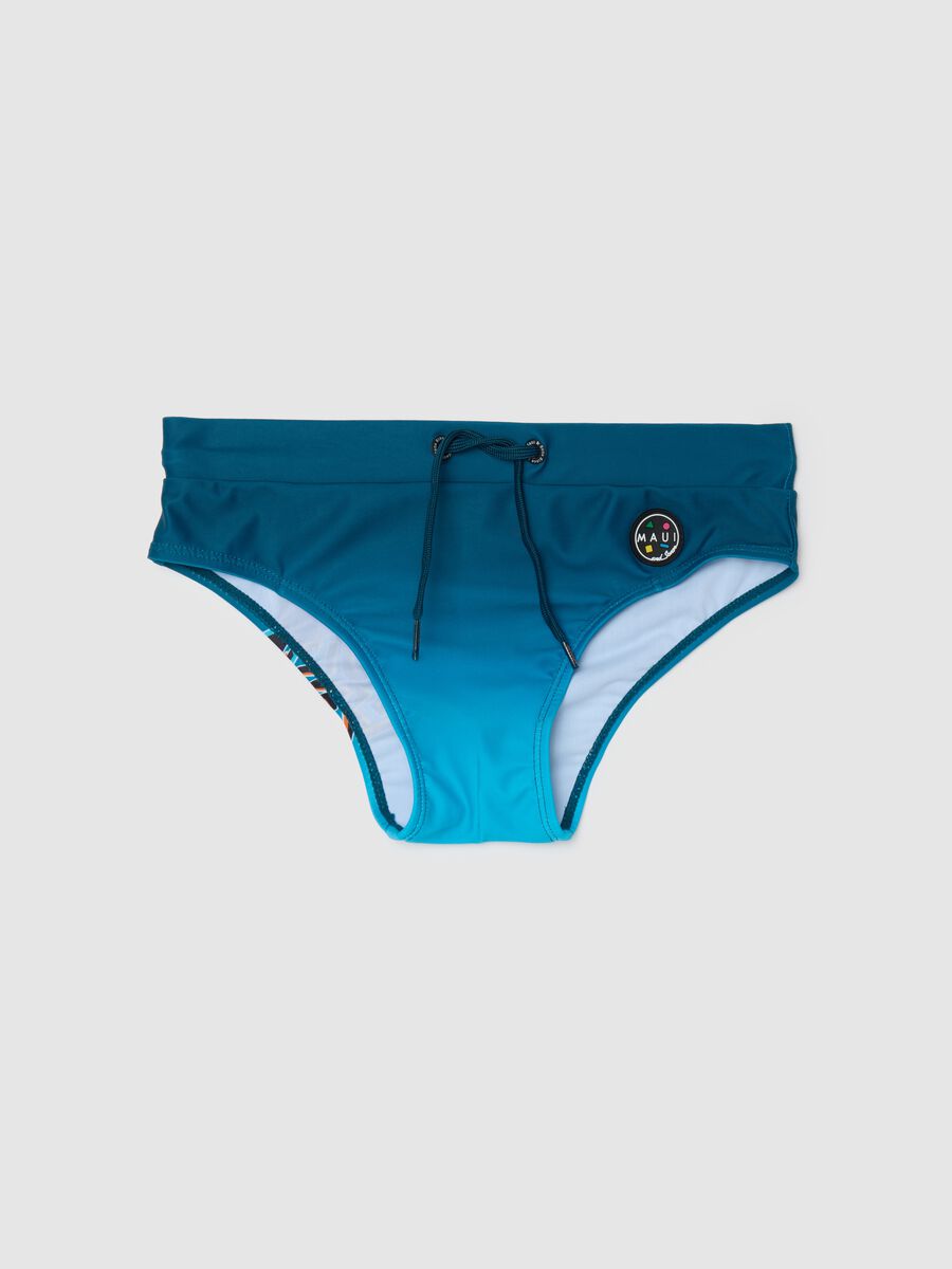 Boy's slip swimsuit in multicoloured stretch fabric with print on the back_0