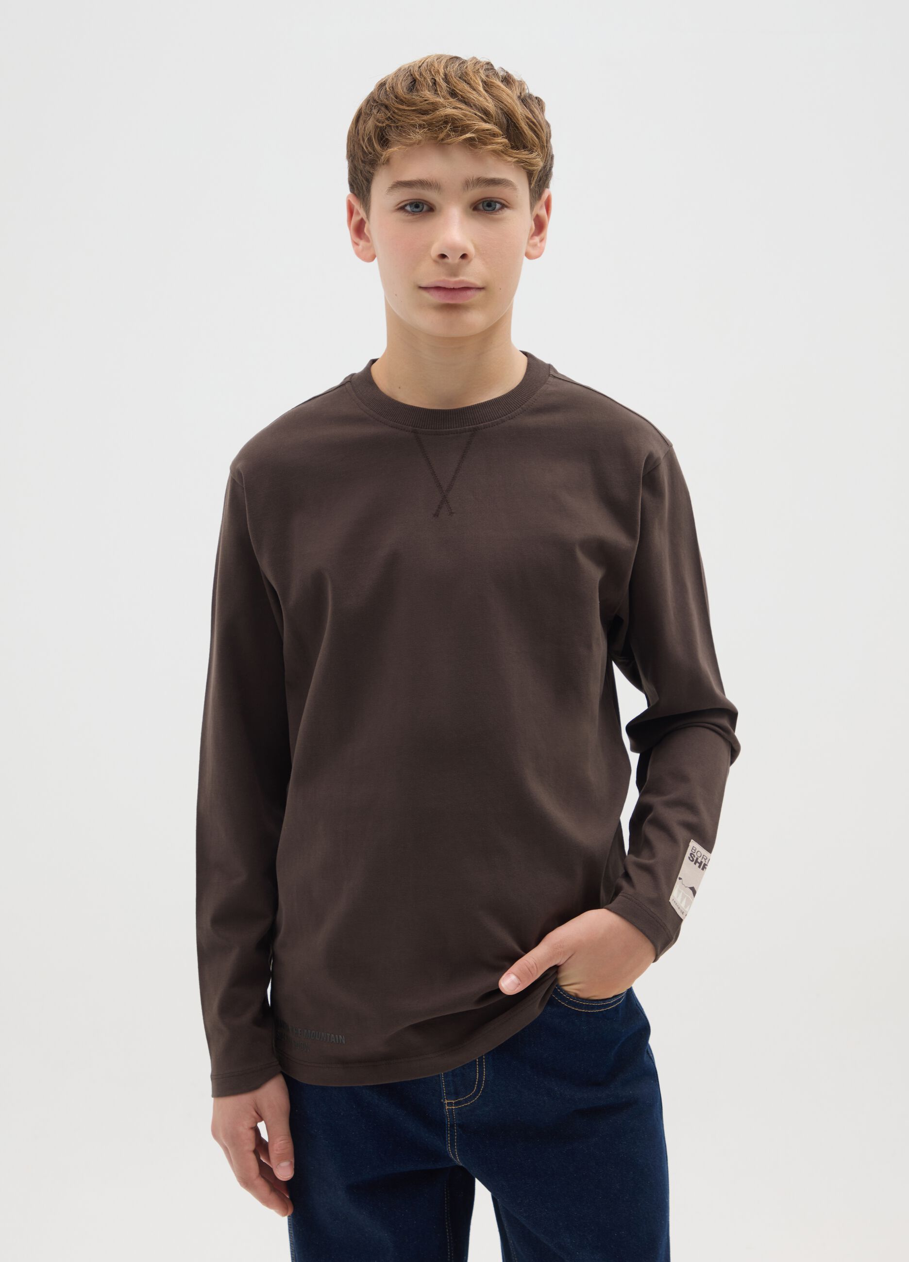 Boys' brown pure cotton over-fit T-shirt
