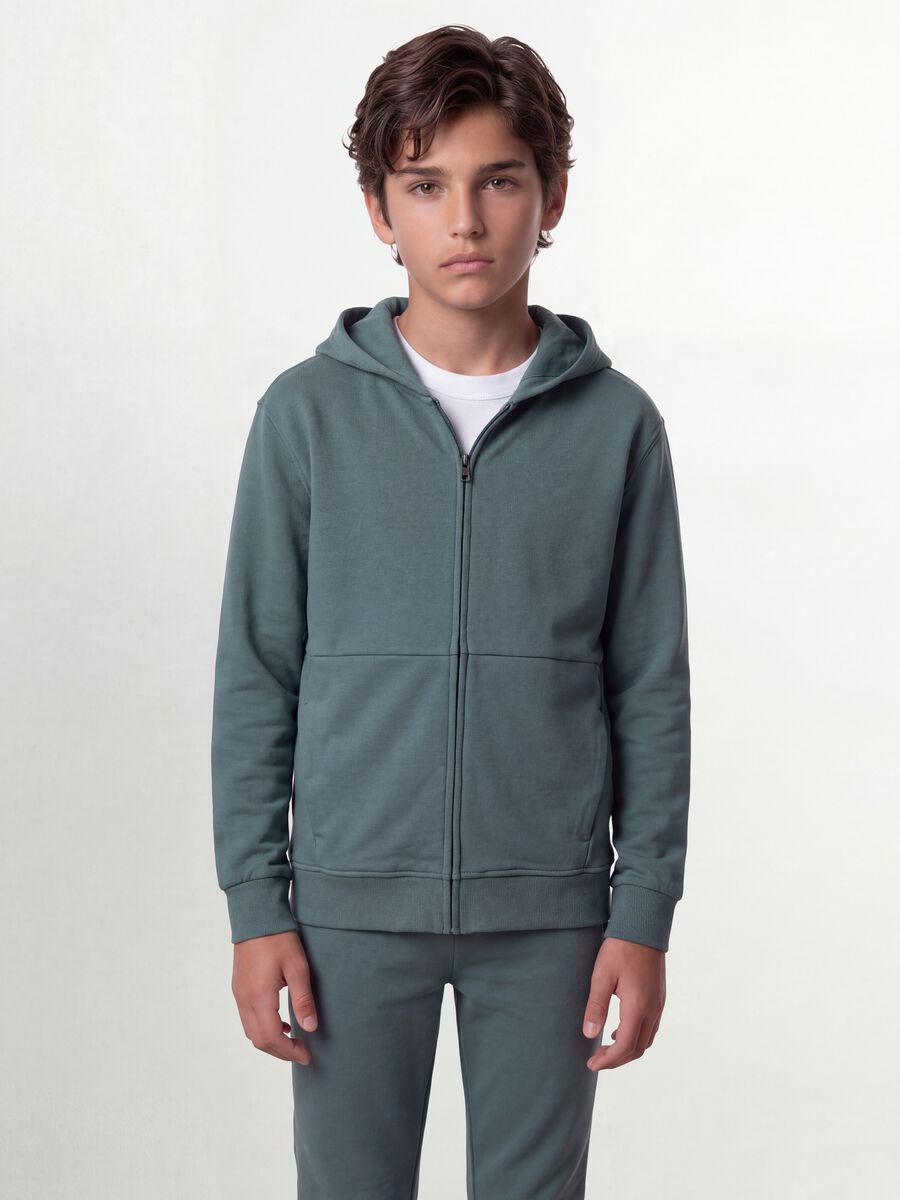 Felpa verde con cappuccio e zip in puro cotone organico per ragazzo relaxed fit_0