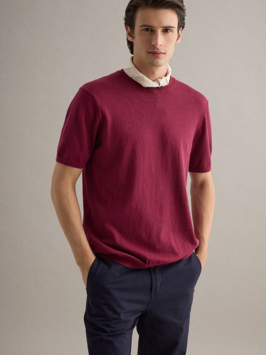 T-shirt a maniche corte in misto cotone, lino e seta rossa regular fit_0