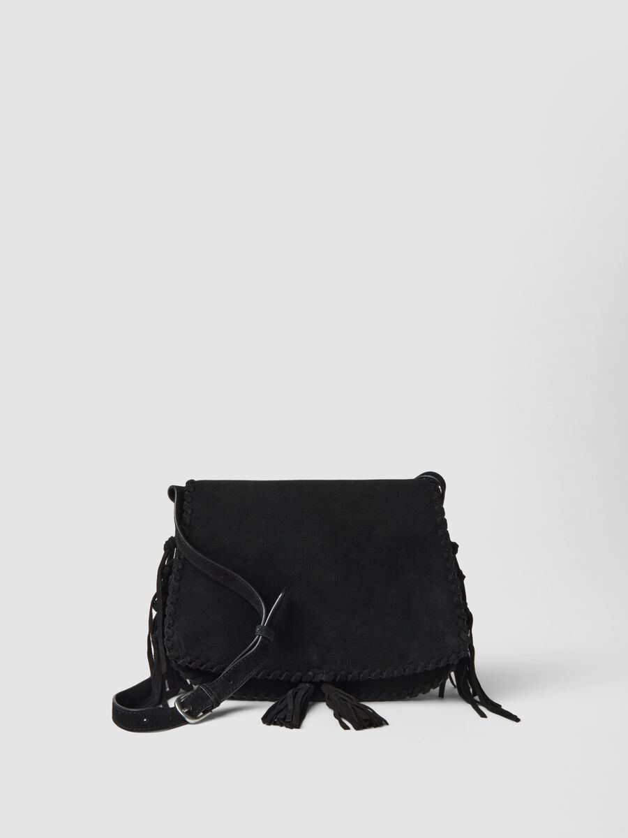 Black genuine leather fringed bag_0