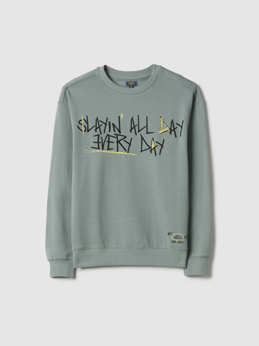 Felpa in puro cotone verde da ragazzo over fit con scritta_3