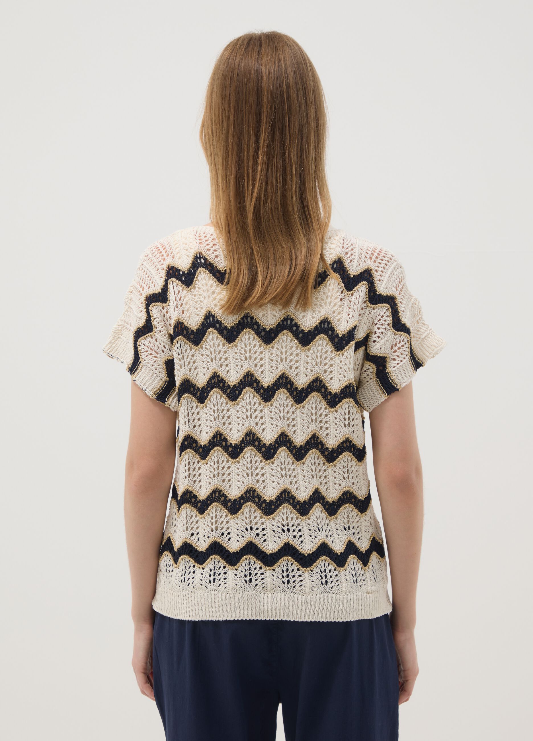 Beige stretch cotton T-shirt with openwork knit detailing