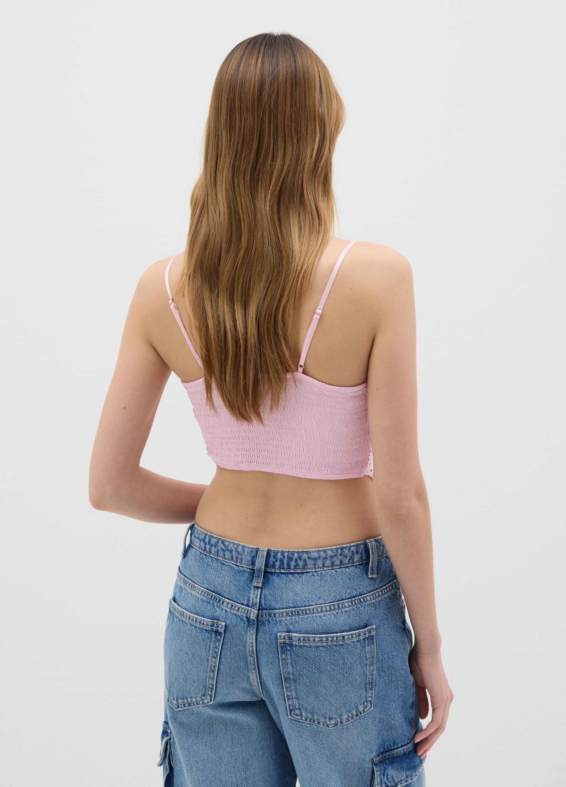 Top da donna in puro cotone rosa regular fit con dettagli in pizzo