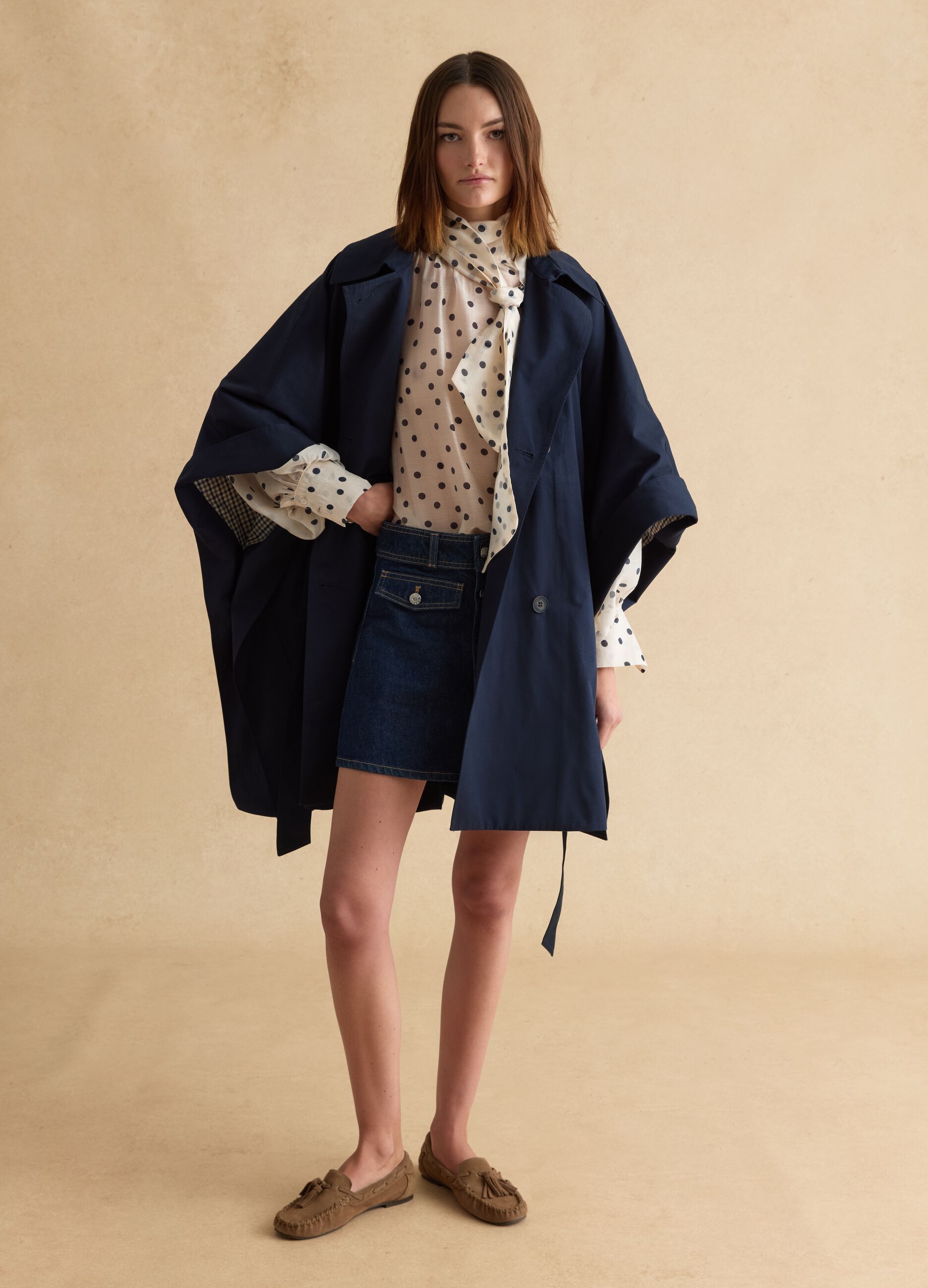 Long blue cotton blend coat with oversized fit