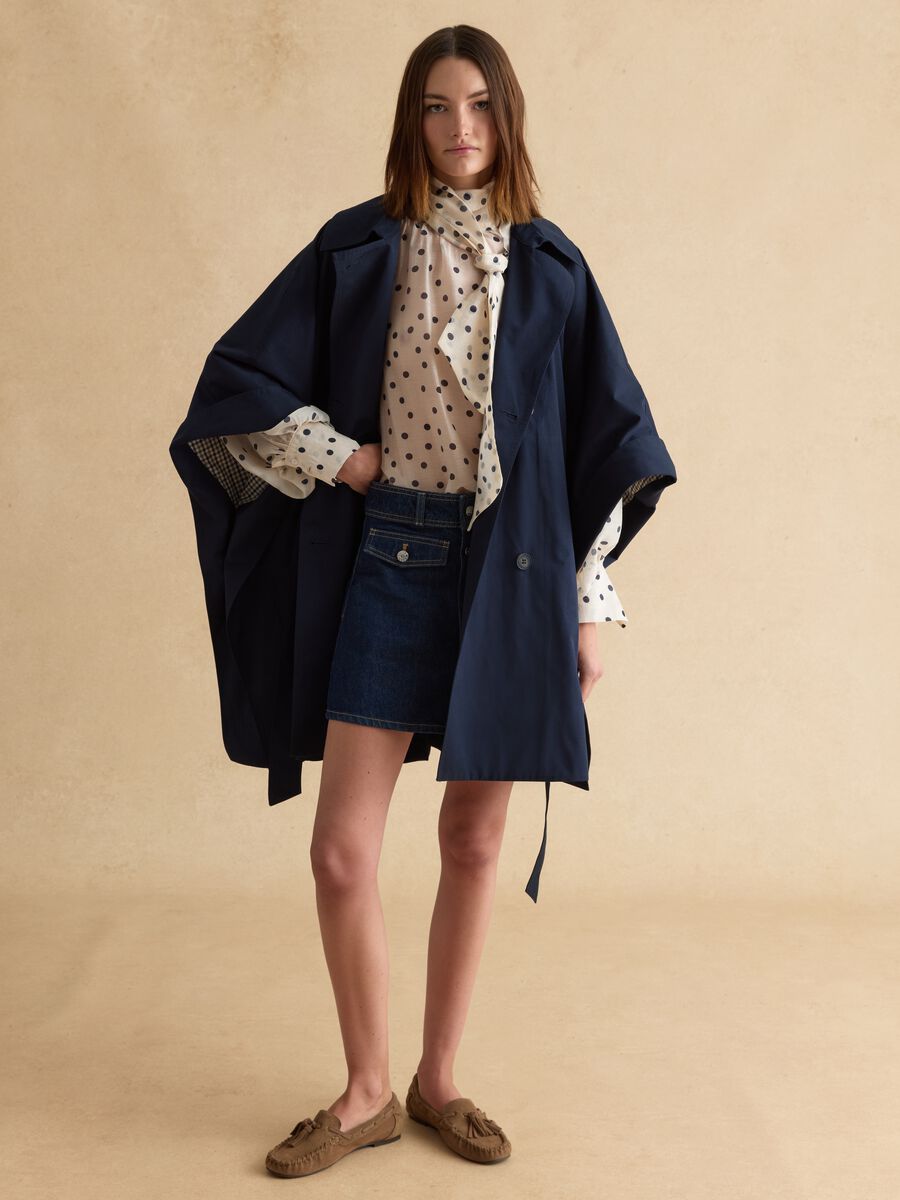 Long blue cotton blend coat with oversized fit_0