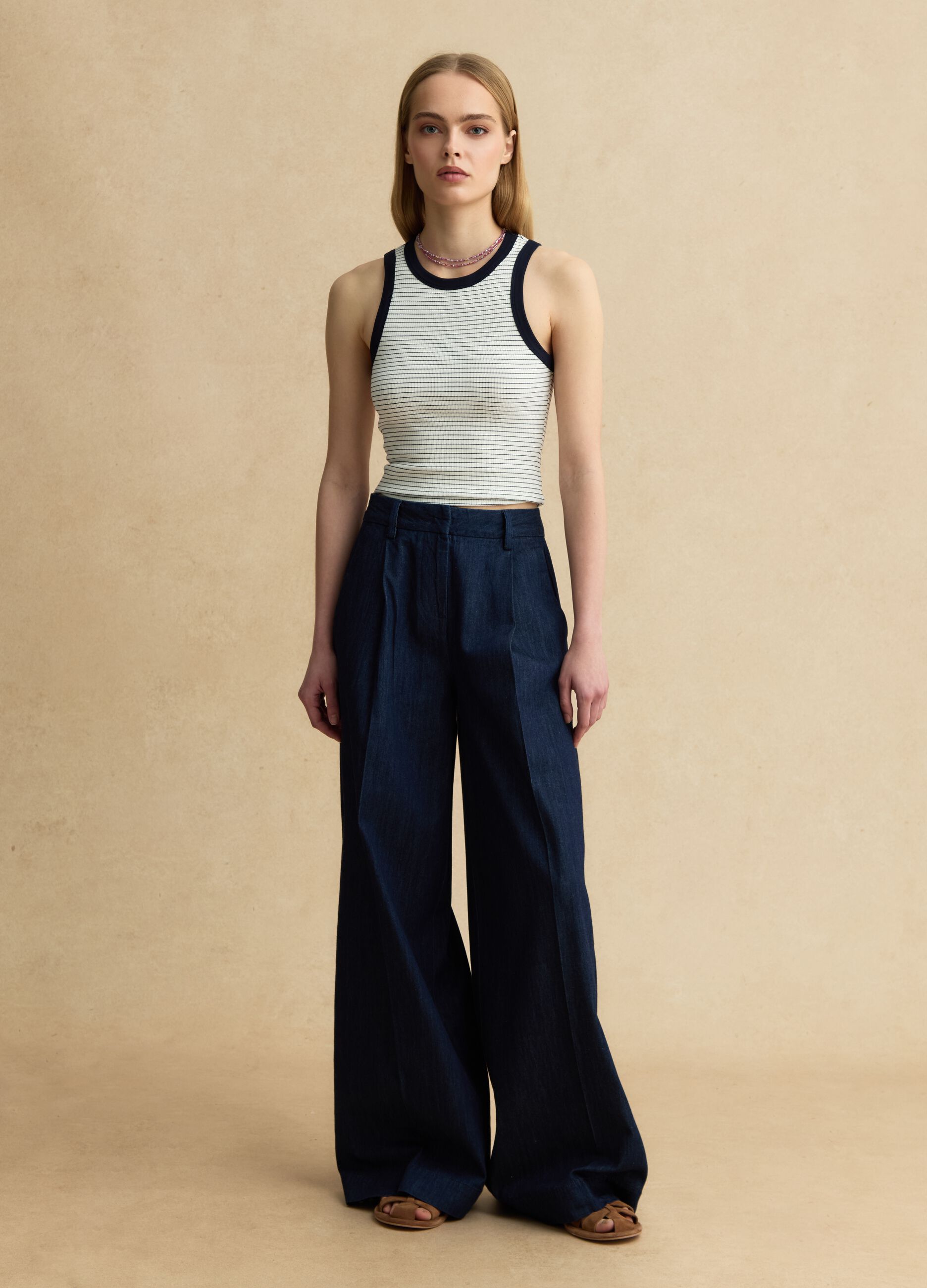 Wide-leg blue denim pure cotton trousers