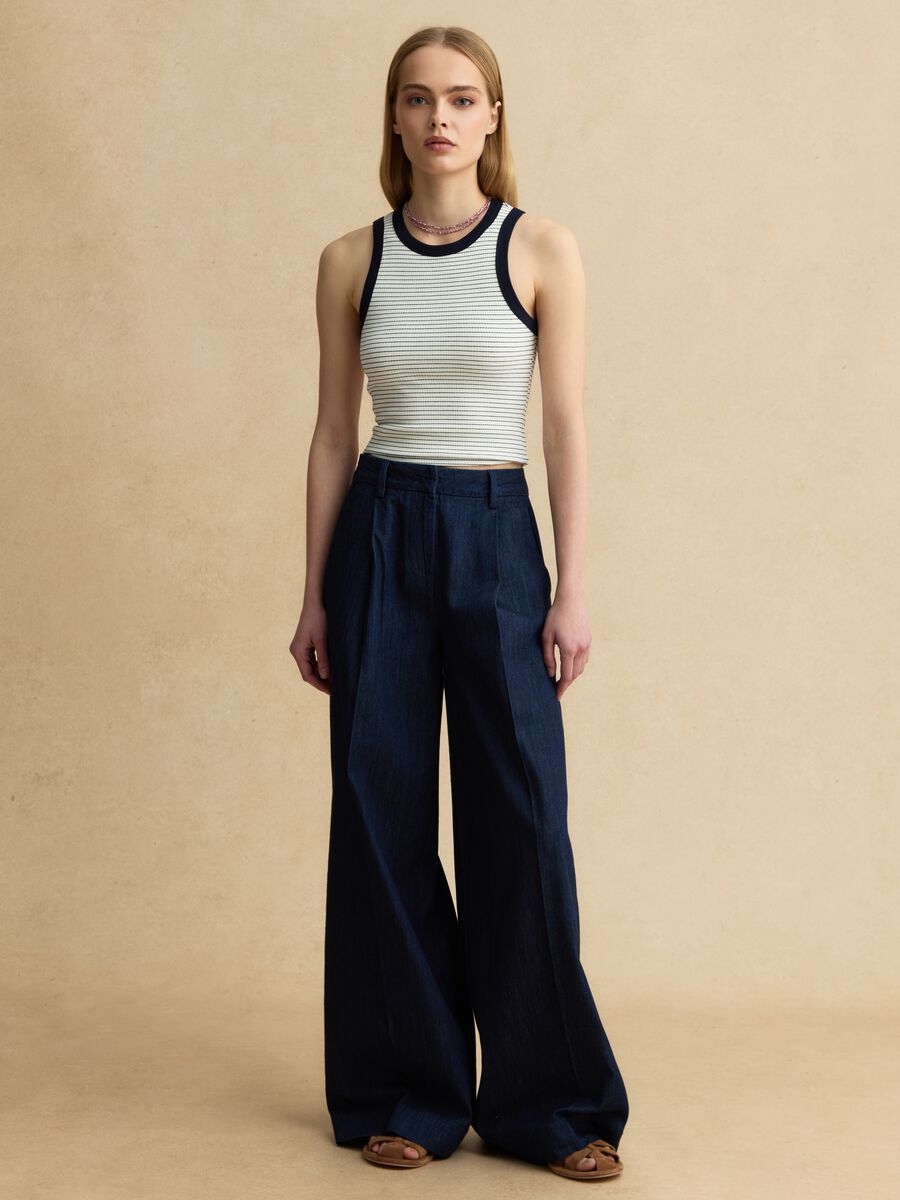 Wide-leg blue denim pure cotton trousers_0