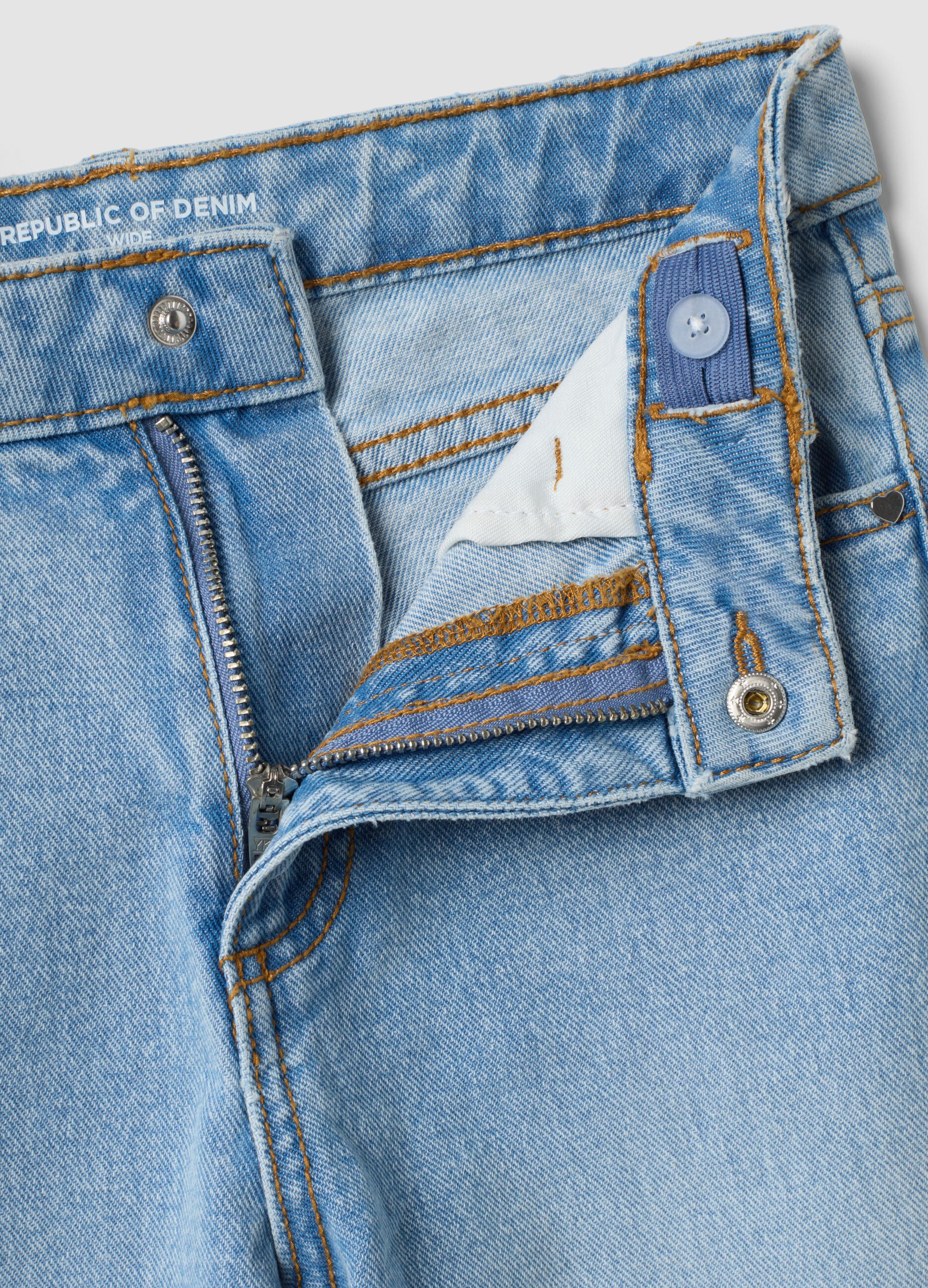 Girls&rsquo; pure cotton wide-leg denim jeans with embroidery