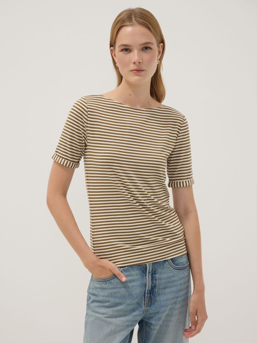 T-shirt bianca in viscosa elasticizzato a righe_0