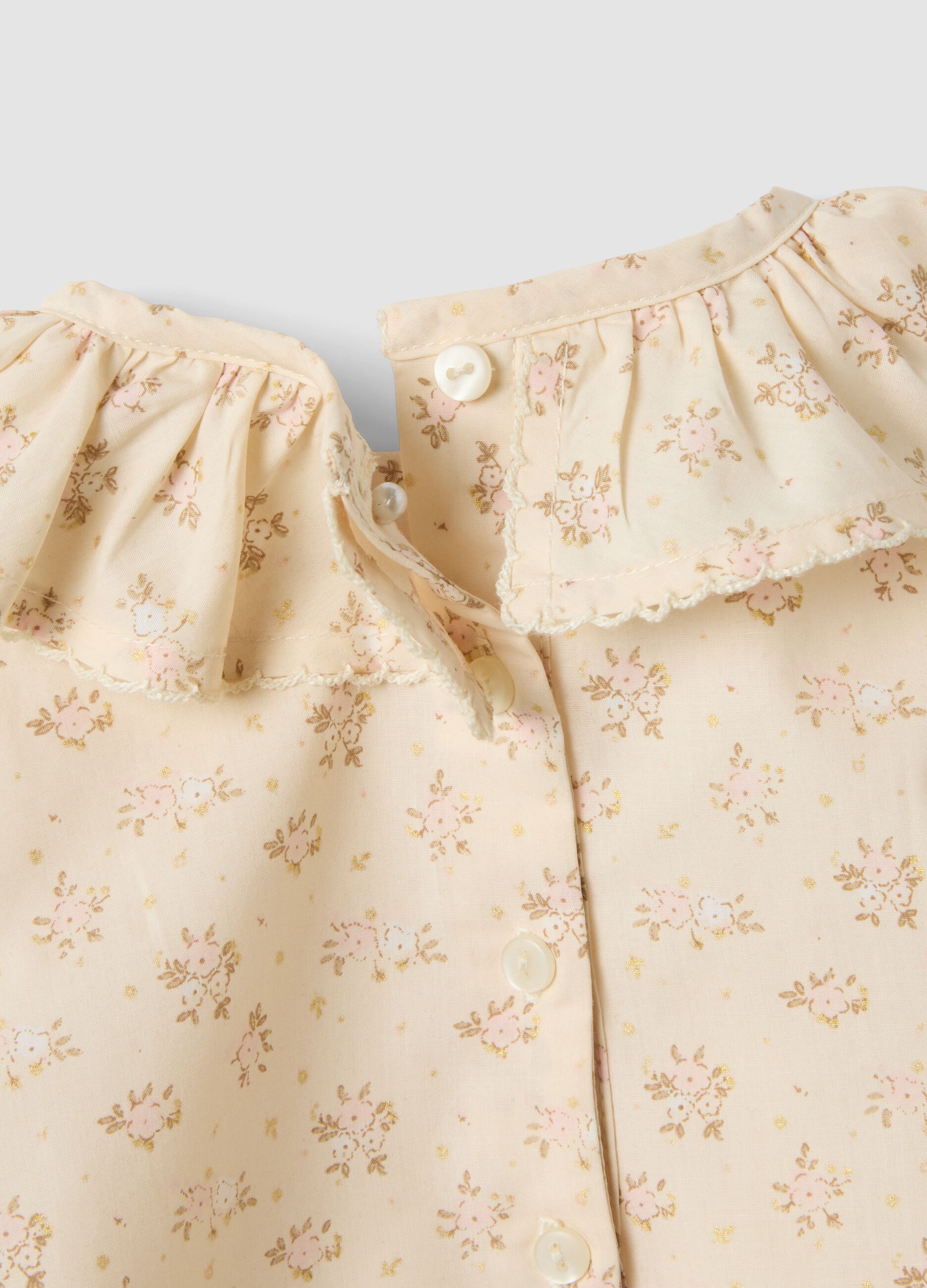 Beige pure cotton baby girl bodysuit with frill collar and floral print
