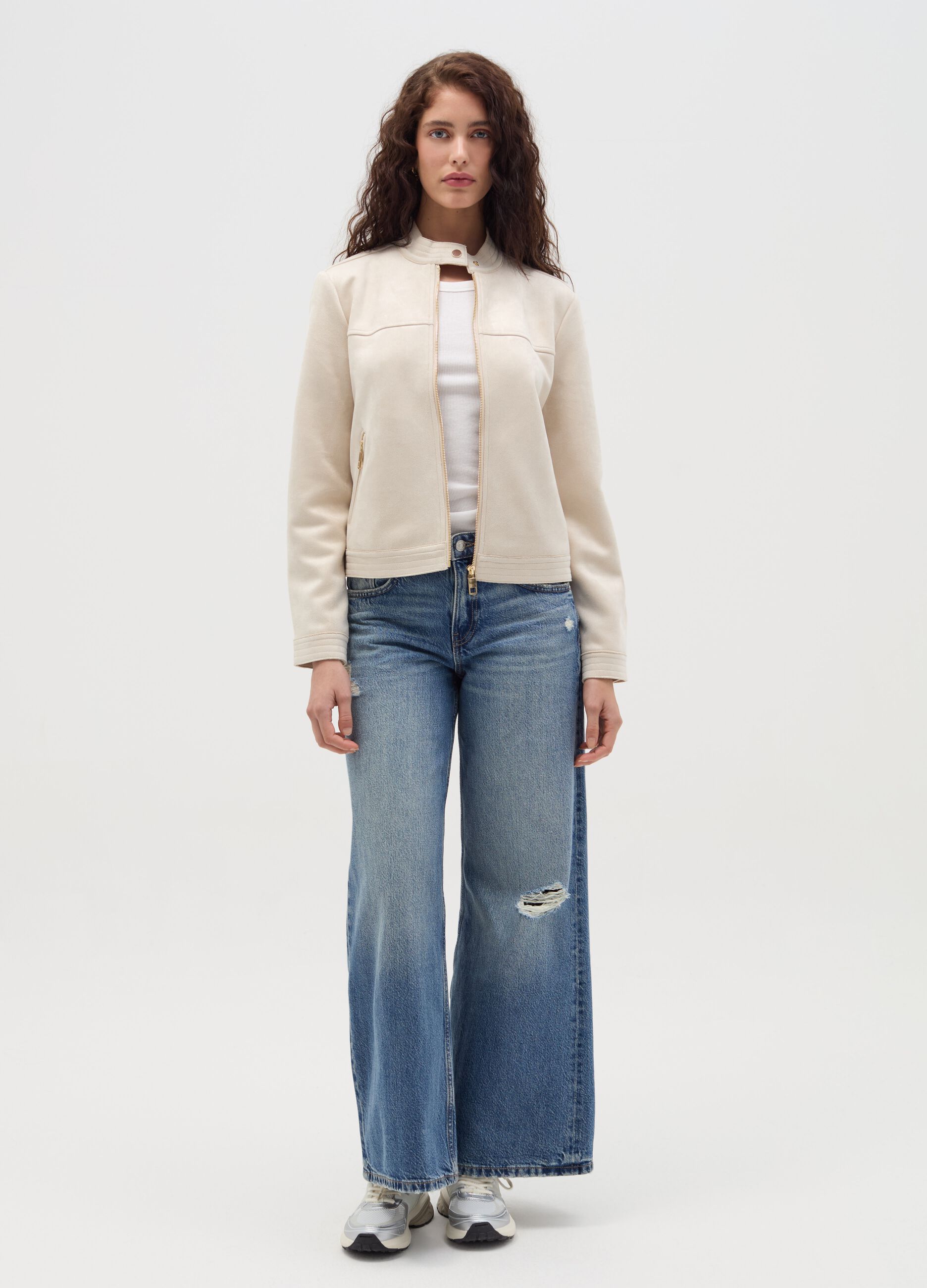 Short full-zip suede jacket