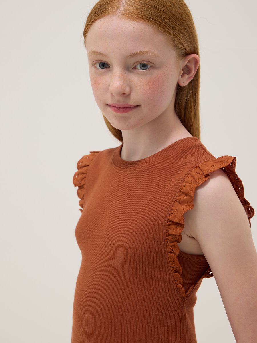 Brown stretch cotton T-shirt with ruffles_2