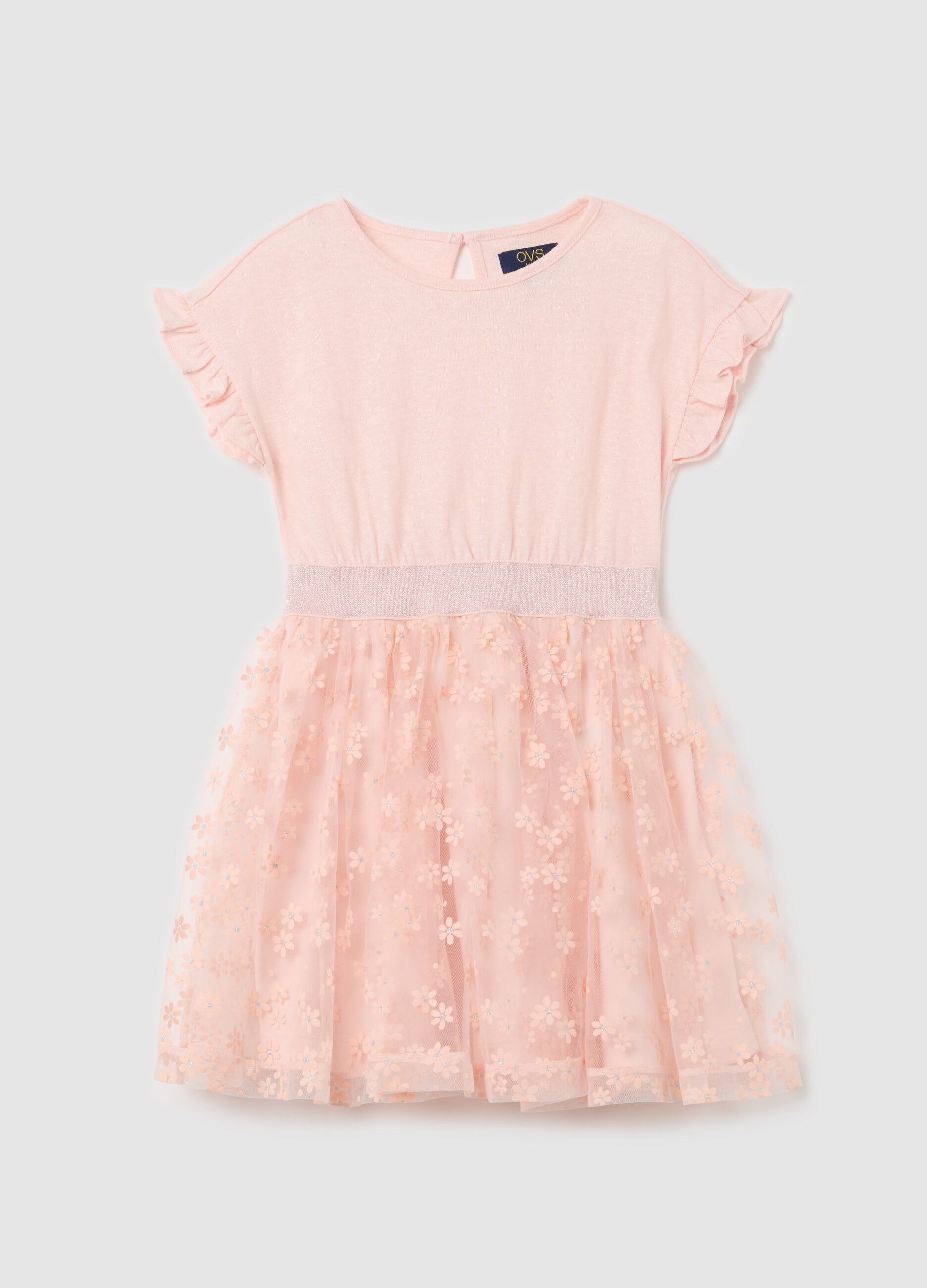 Abito rosa con gonna floreale in tulle