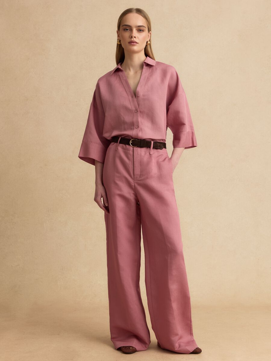 Pantaloni formal rosa in misto lino e viscosa wide leg_0