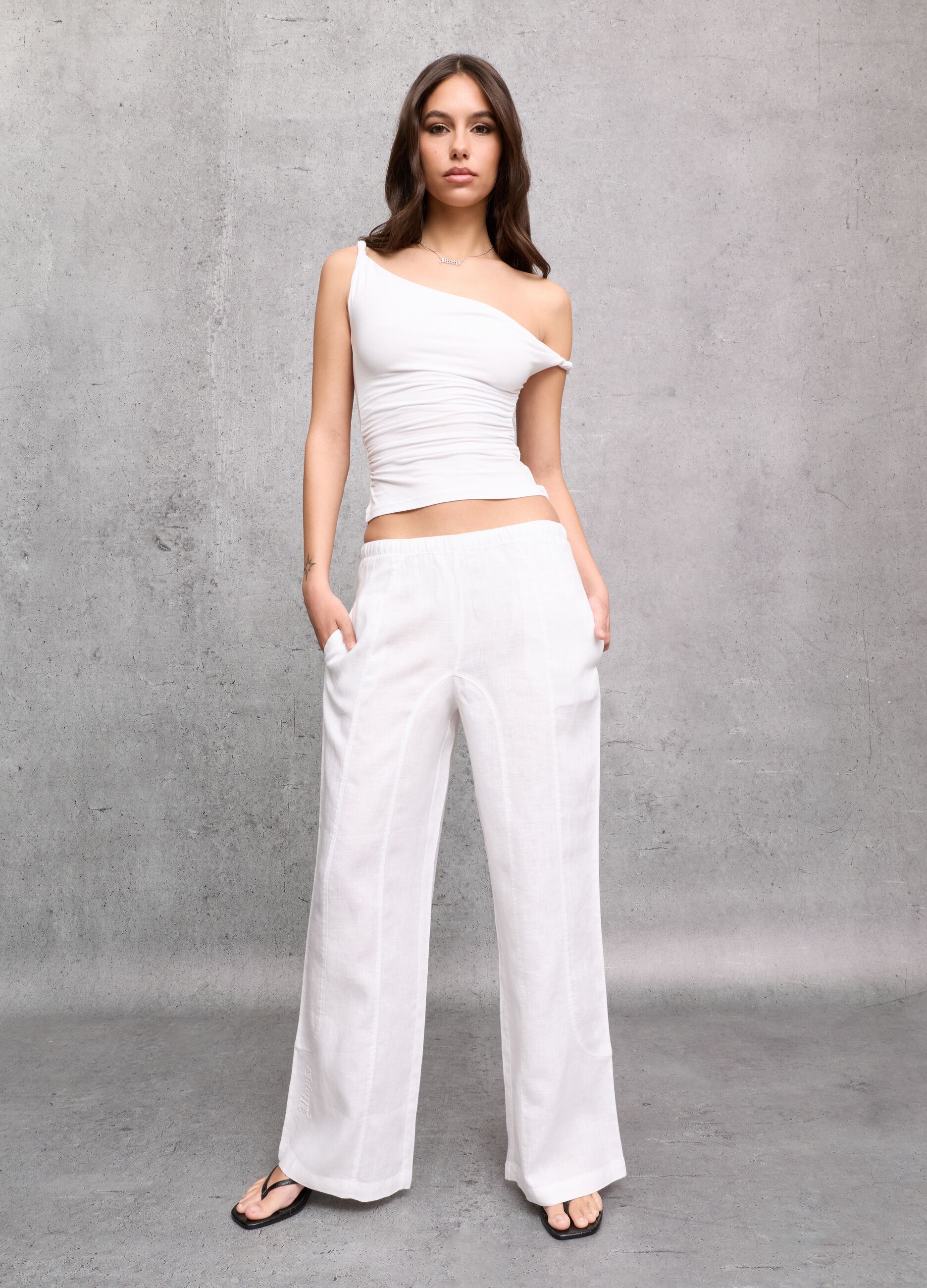 100% Linen Wide-Leg Trousers White