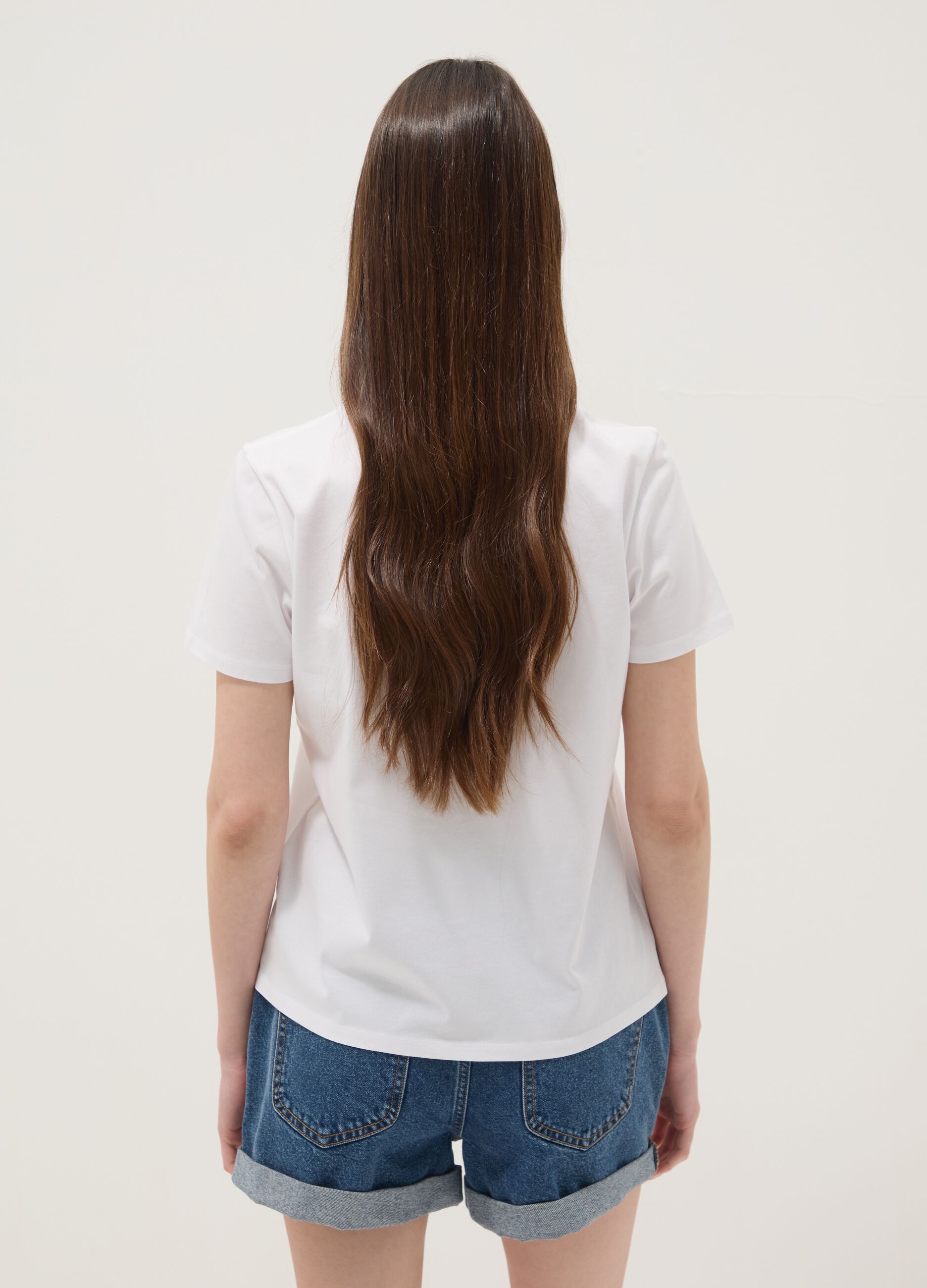 White pure cotton T-shirt with star embroidery