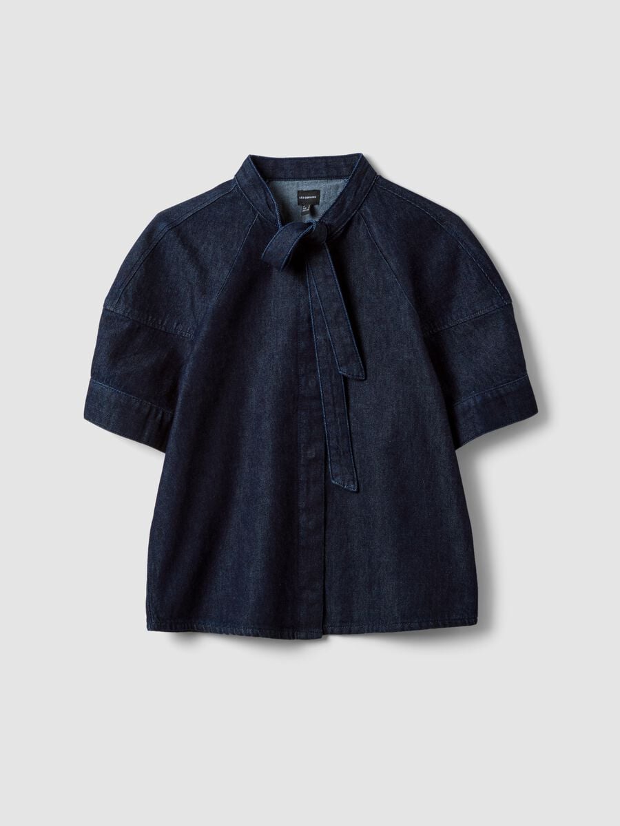 Camicia in denim di puro cotone a maniche corte con laccetto regular fit_4
