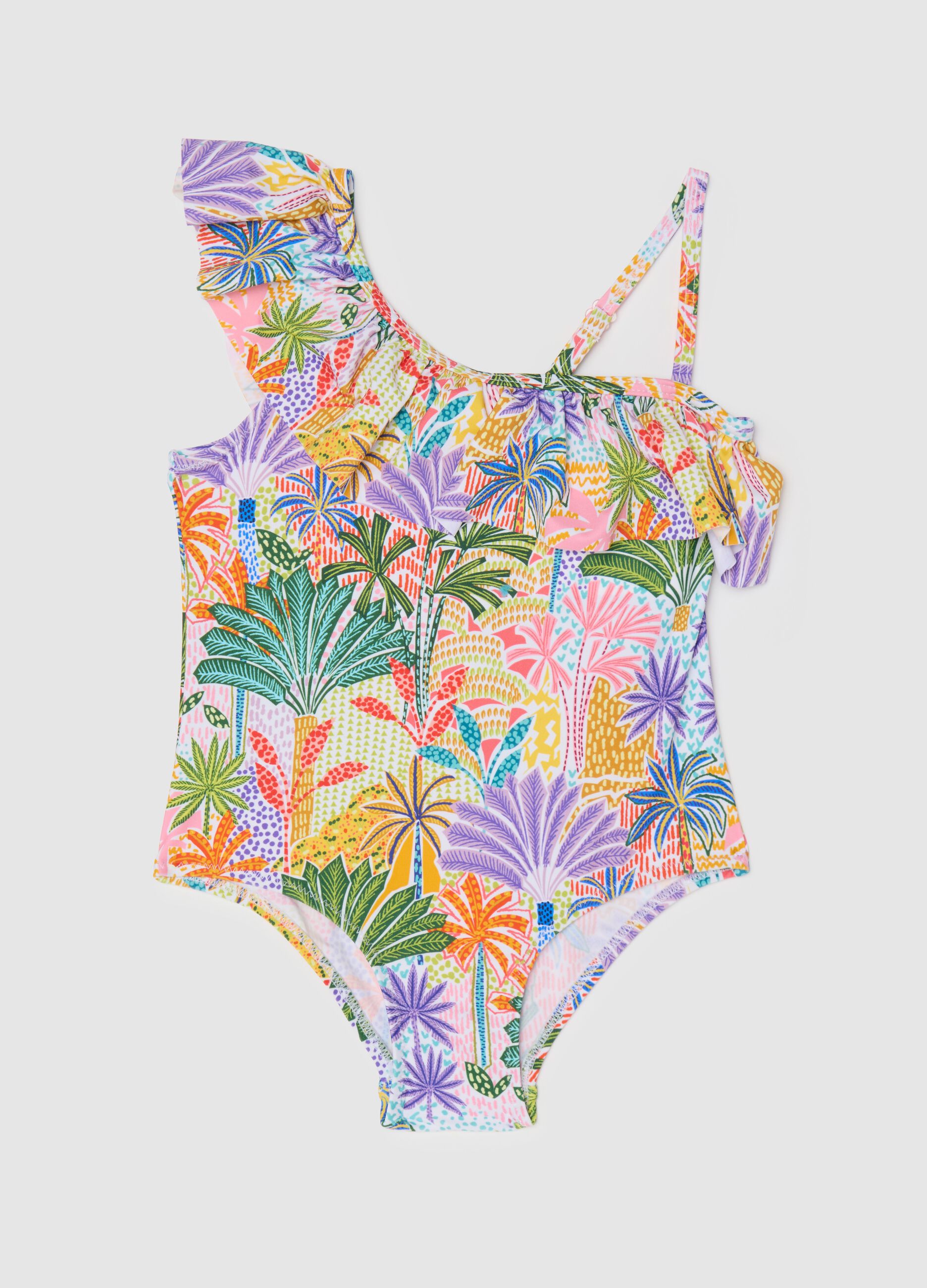 Costume da bagno giallo e viola con volant stampa tropicale