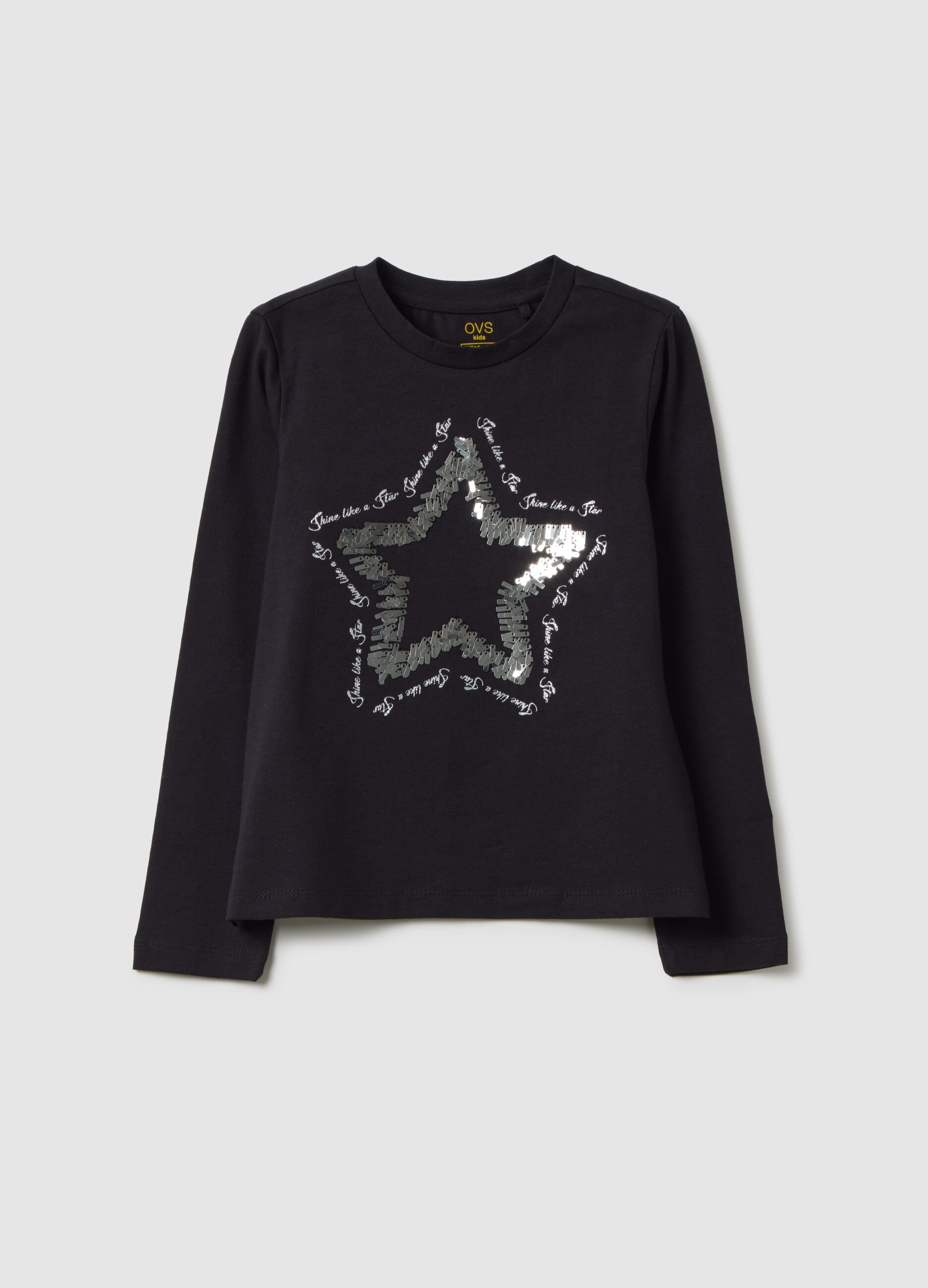 Maglia da bambina in cotone elasticizzato nero regular fit con stella