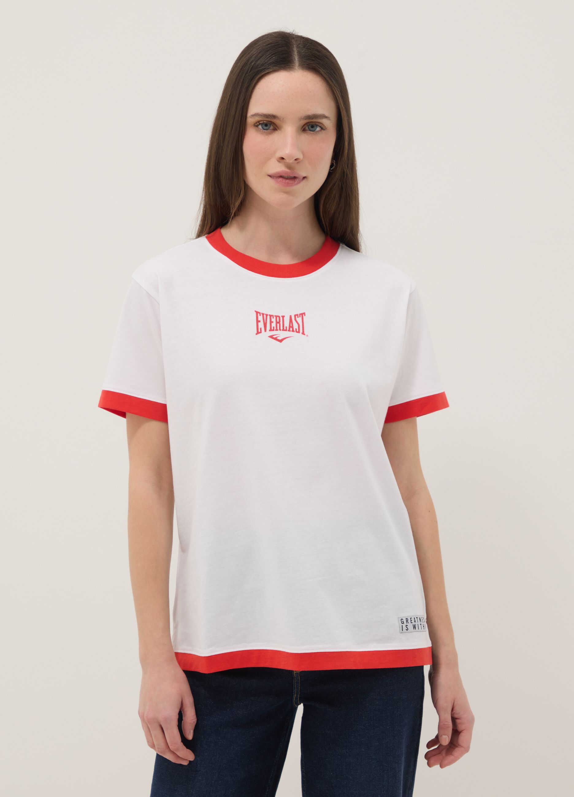White pure cotton T-shirt regular fit with red trims