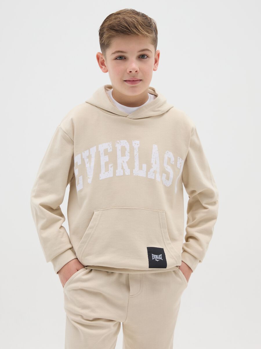 Beige cotton blend hoodie for boys_0