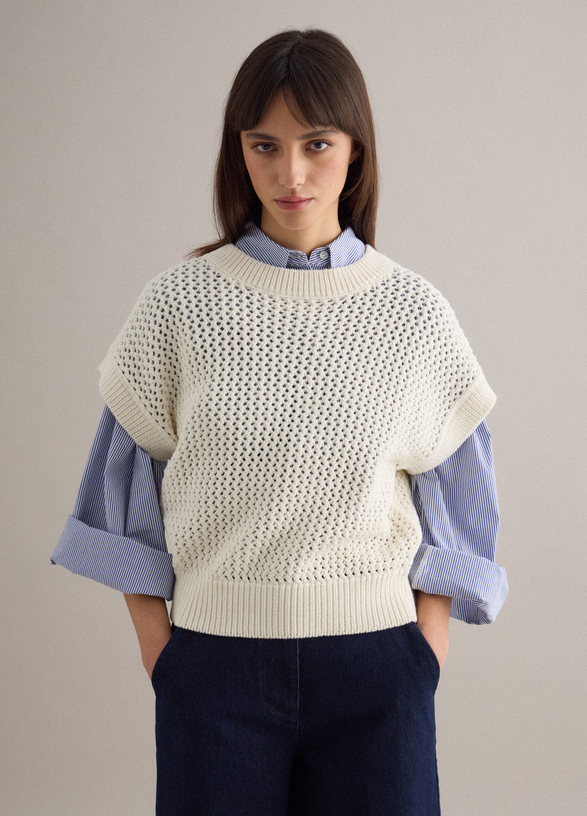 White cotton blend eyelet knit regular fit jumper
