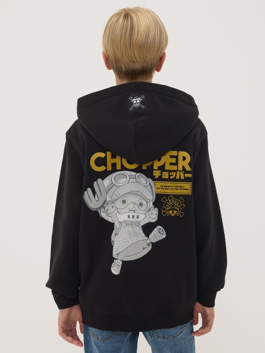 Black cotton-blend zip hoodie with One Piece print_1