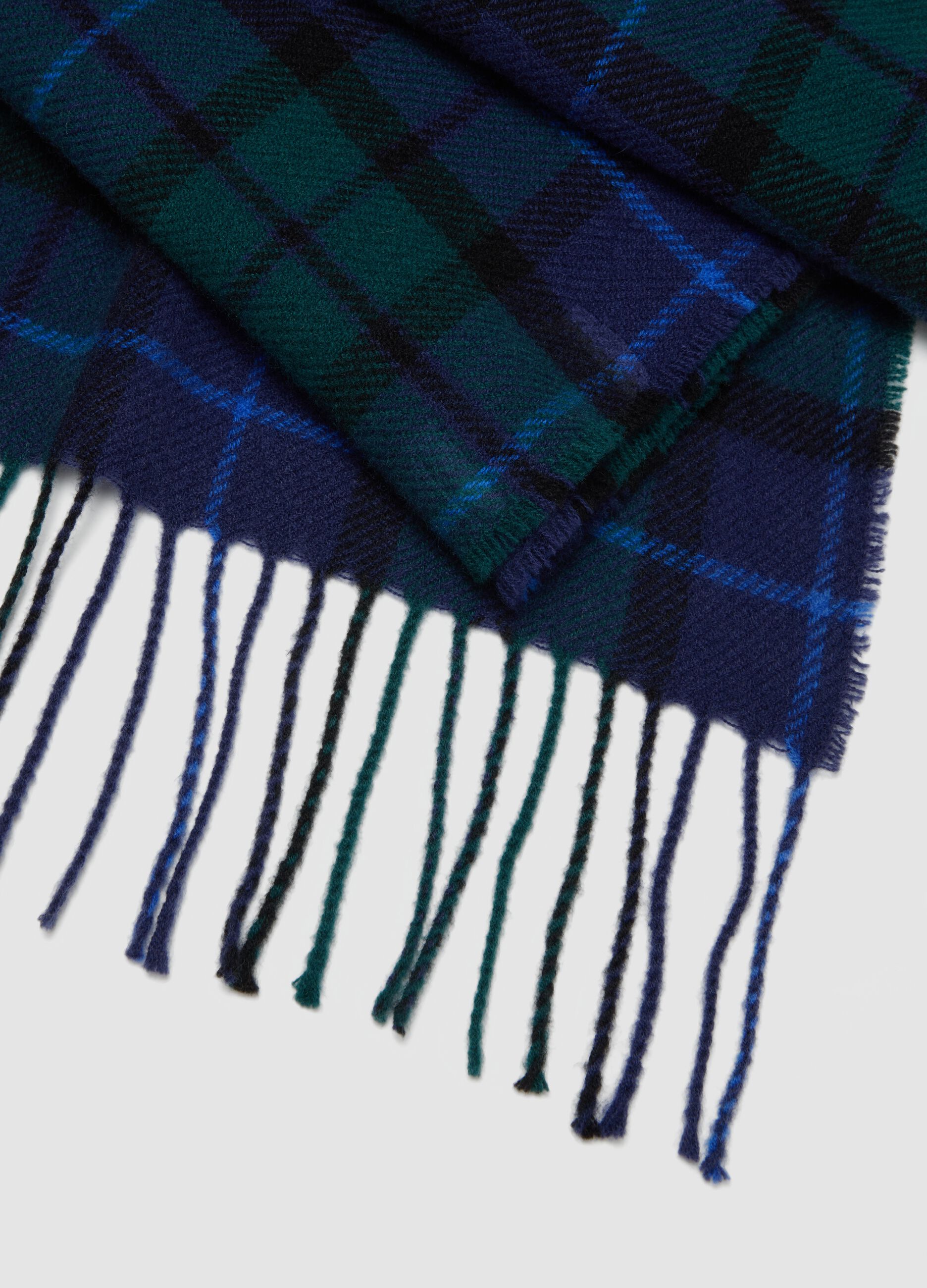 Sciarpa blu in pura lana con frange e fantasia check
