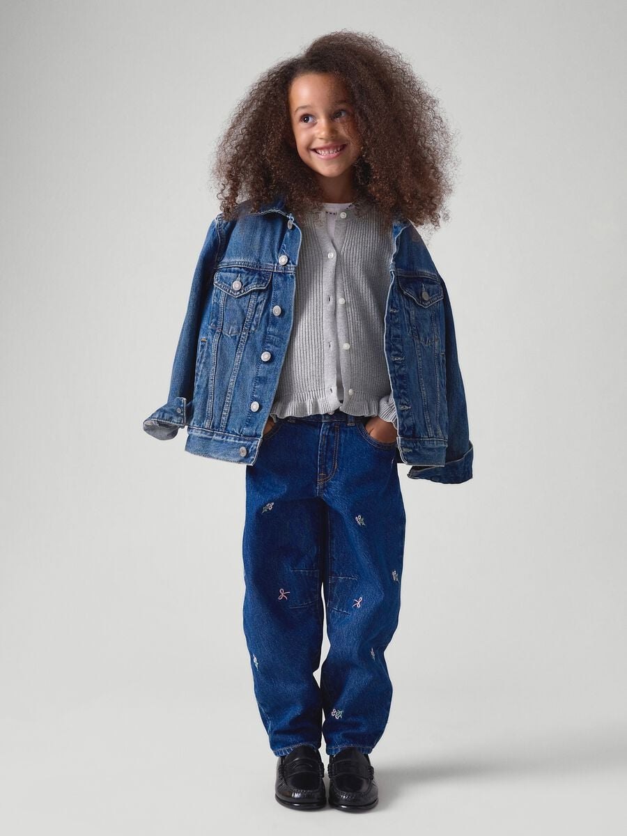 Jeans denim in puro cotone con ricami floreali_0