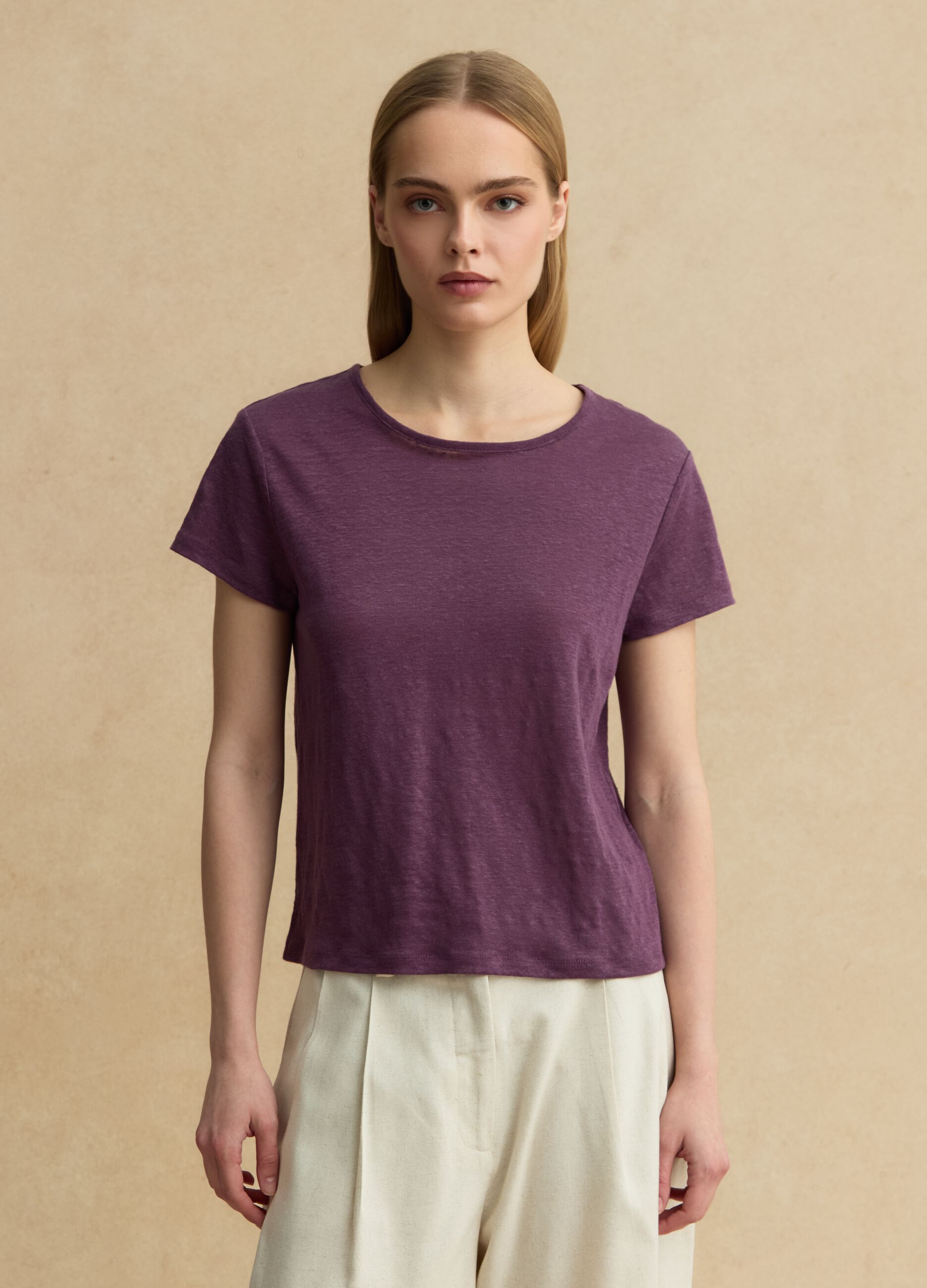 Purple short-sleeved pure linen T-shirt, regular fit
