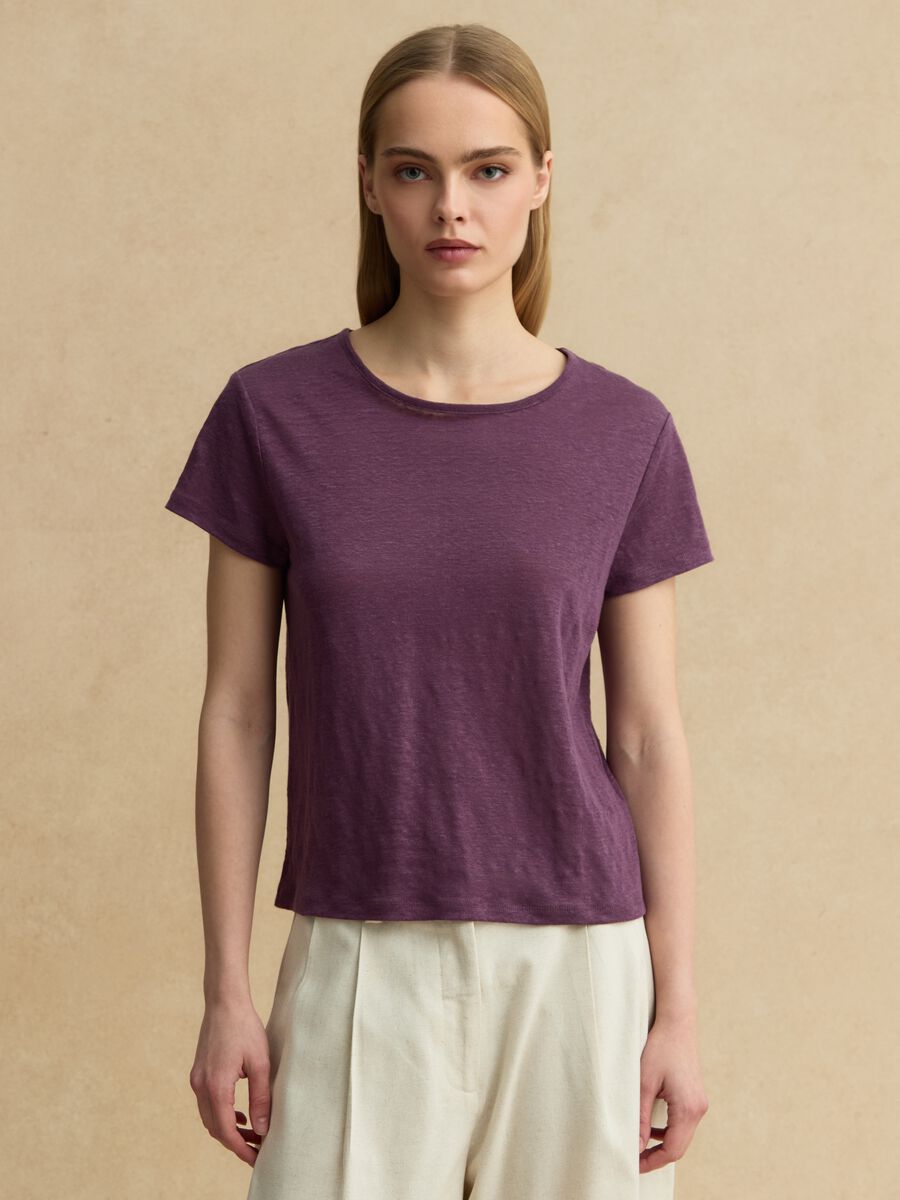 T-shirt a maniche corte viola in puro lino regular fit_1