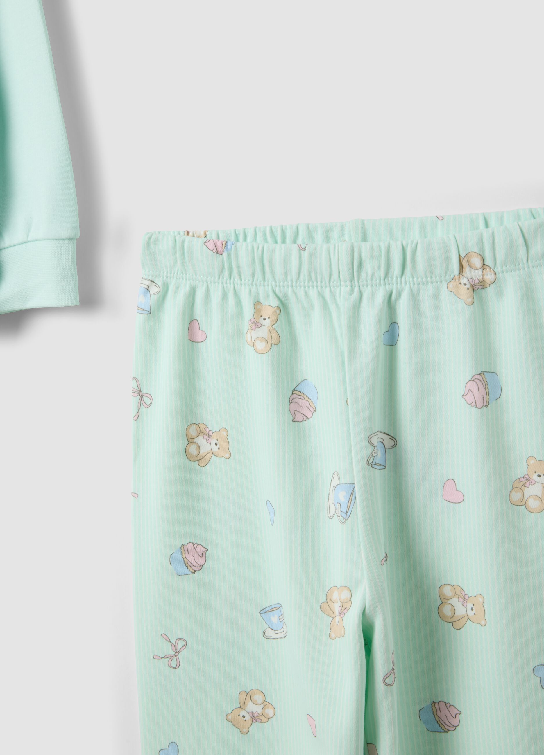 Green organic cotton pyjamas with crew neck and print for girls