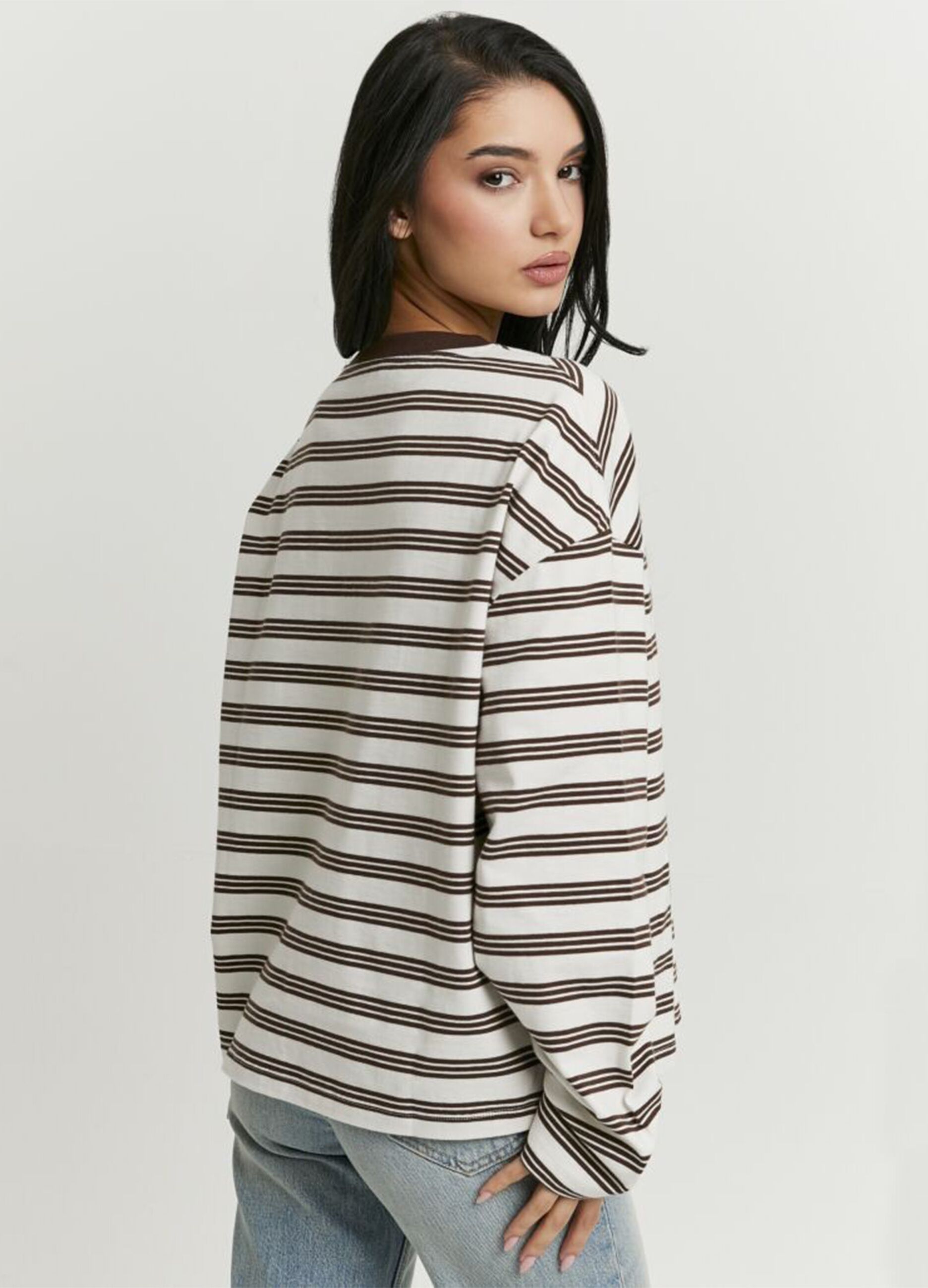 White pure cotton regular-fit T-shirt with brown stripes