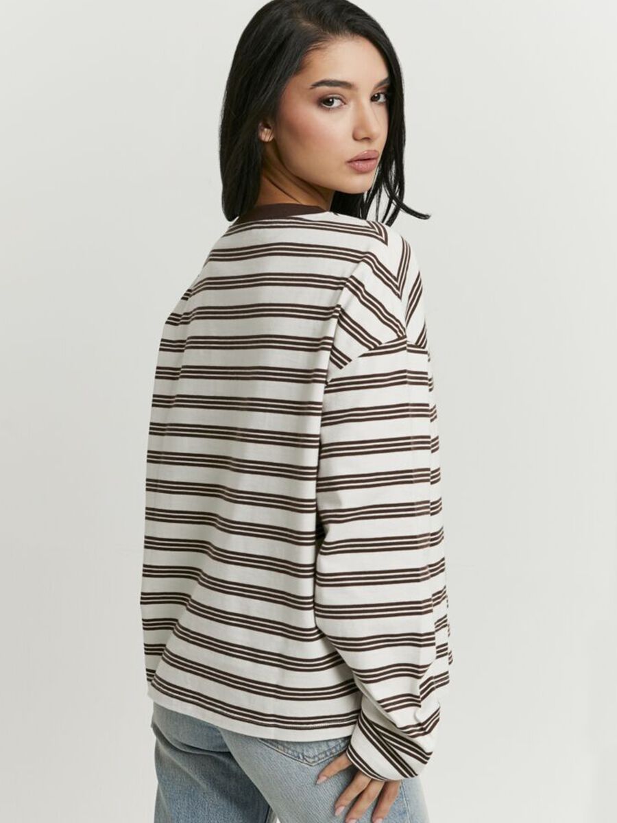 T-shirt bianca a righe marroni in puro cotone regular fit_1