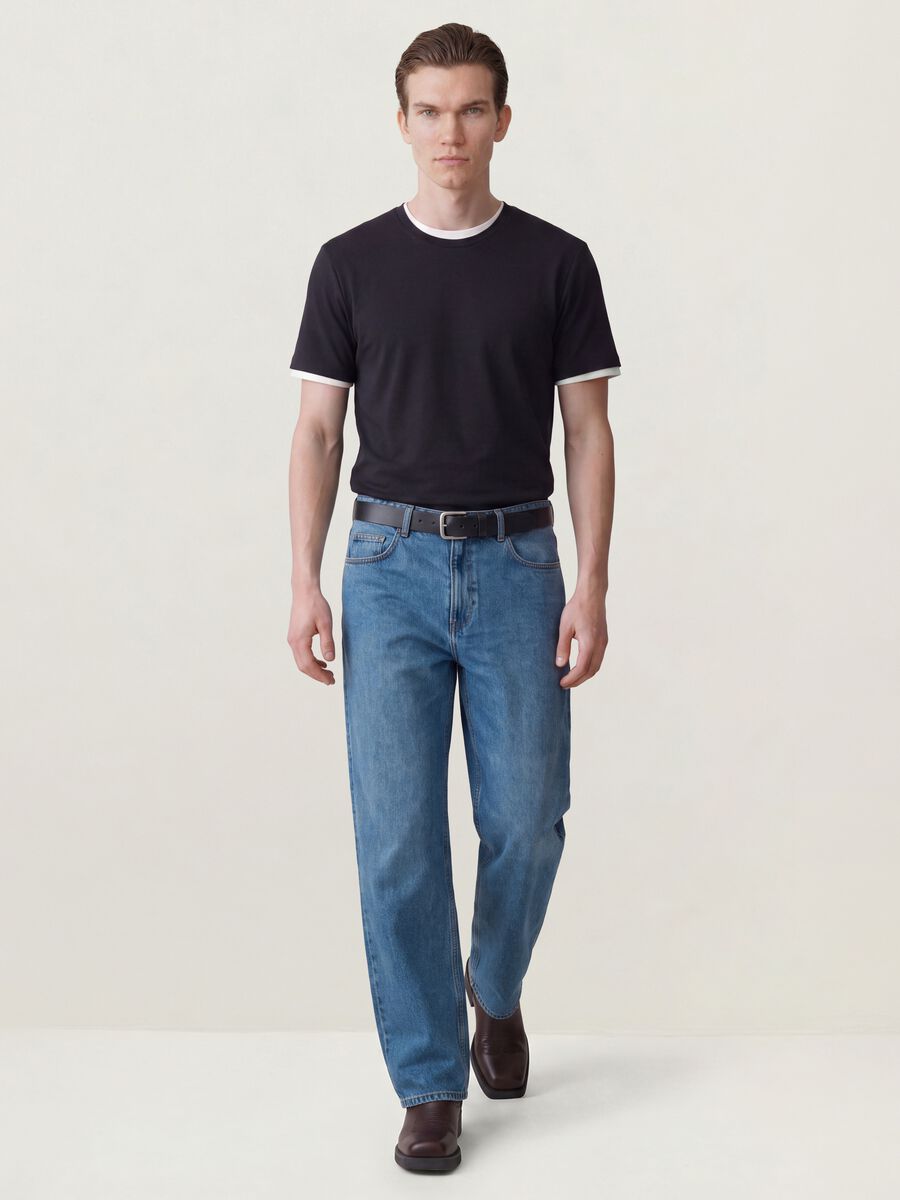Blue wide-leg pure cotton jeans_0