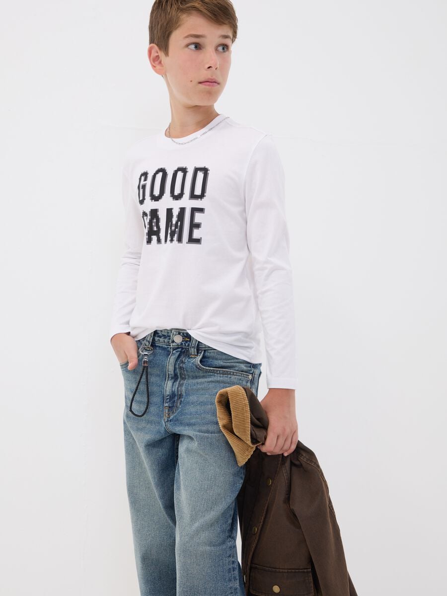 White pure organic cotton T-shirt with &ldquo;Good Game&rdquo; slogan for boys_0