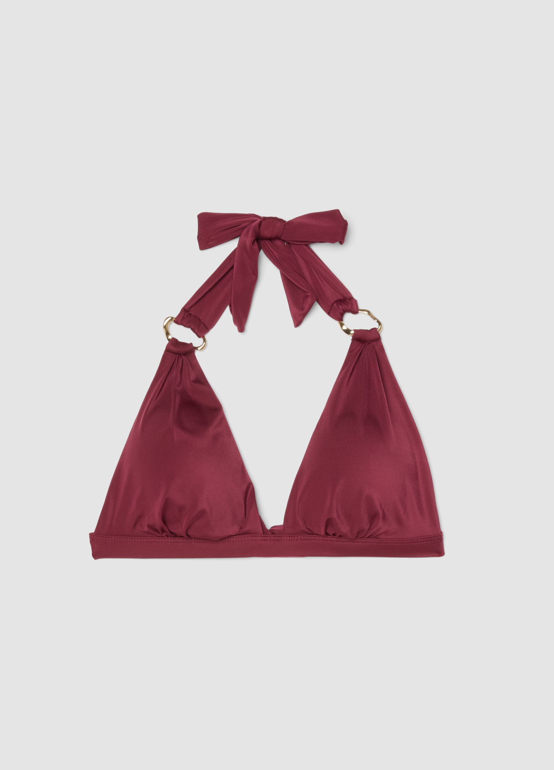 Red stretch triangle bikini top with neck bow