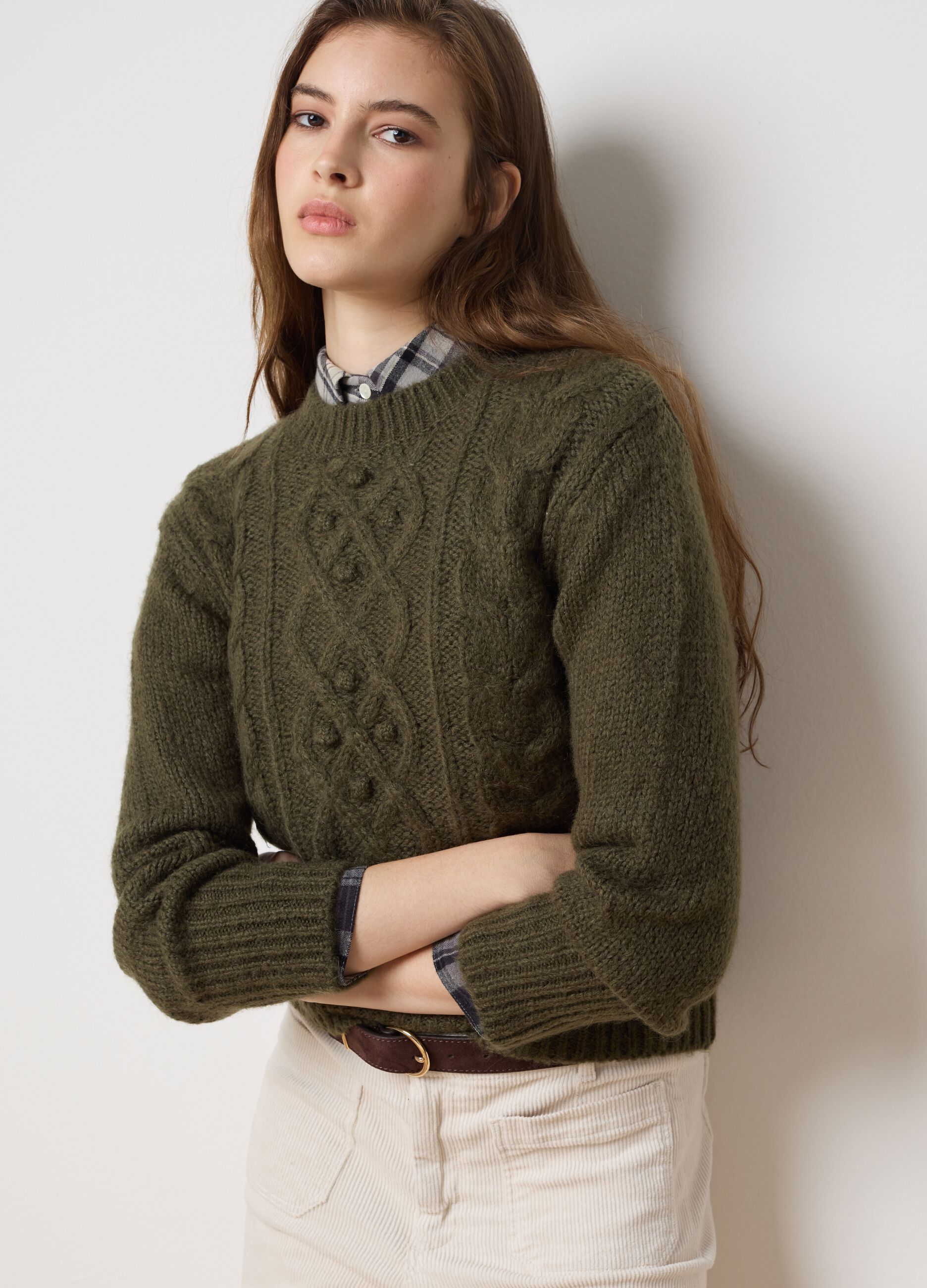 Green regular fit jumper with cable pattern