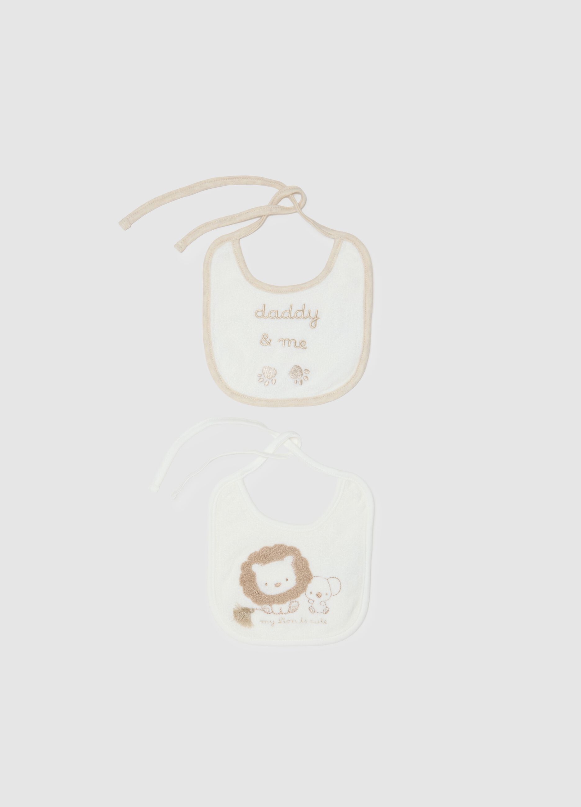 Set of two pack of multicolour cotton baby bibs with embroidery