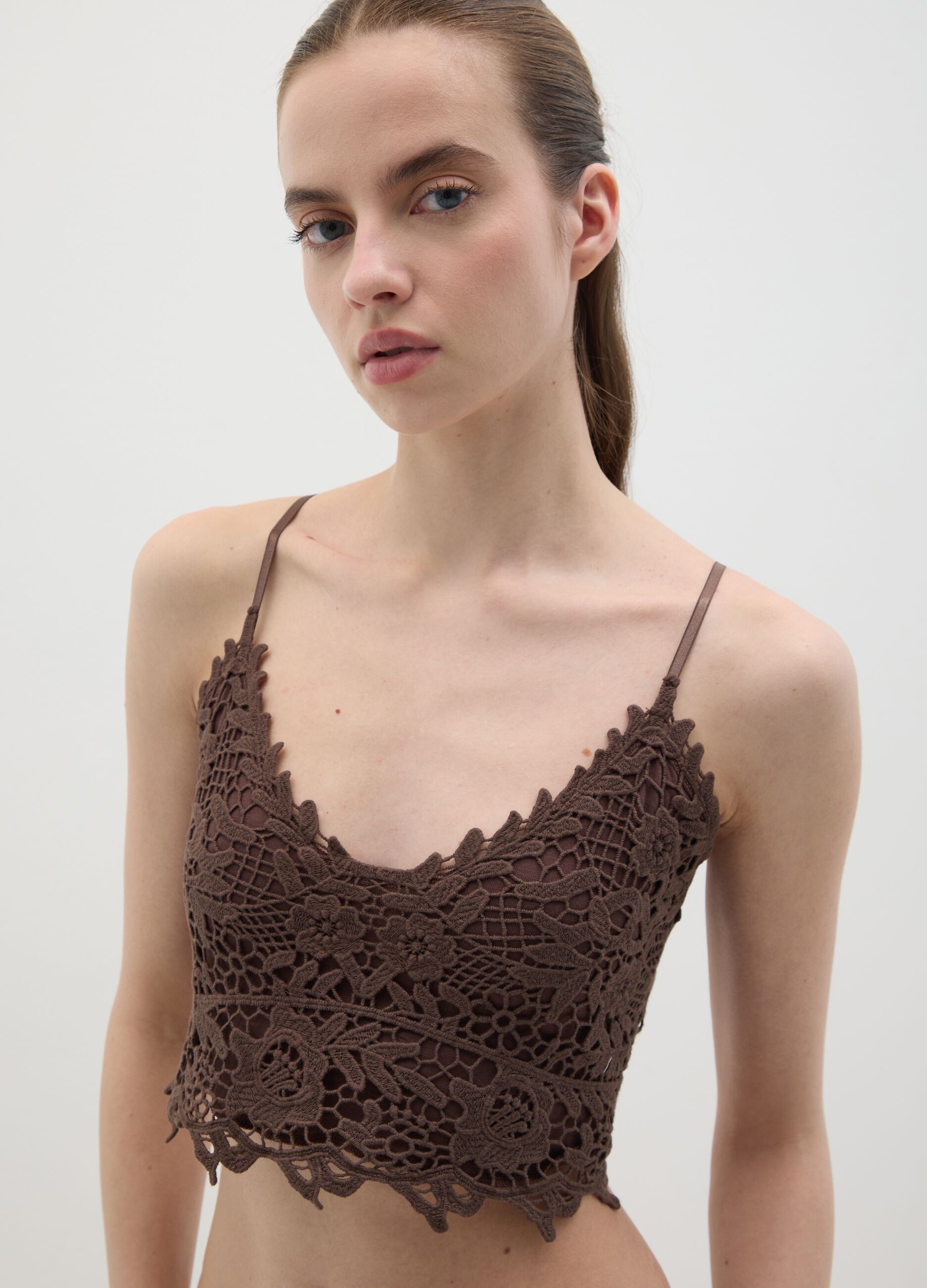 Brown Cotton Lace Tank Top